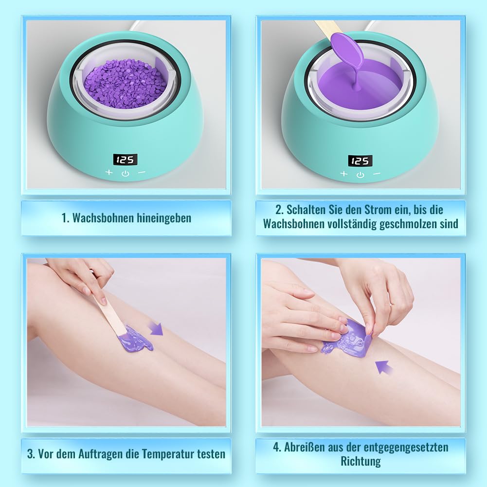 Professional waxing kit with LCD display, silicone bowl, wax warmer, 400g wax beads, 20 wooden spatulas, 10 paper rings for at-home hair removal by CITHOT (Blue).