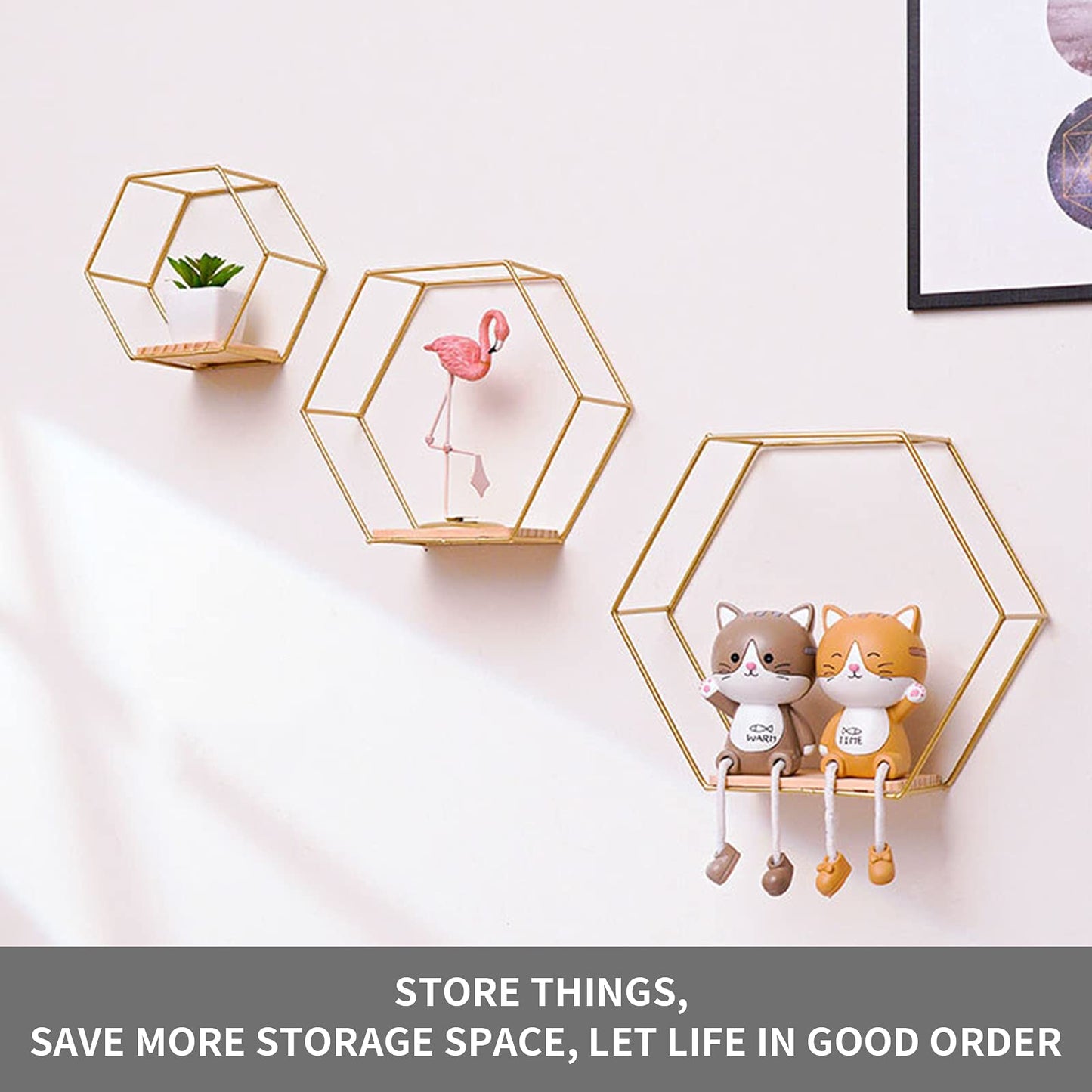 Hexagon wall shelf metal 3 piece set, gold decorative hanging shelf loft wall shelves, wall shelf for wall decor in living room, bedroom, bathroom, café, and hotel