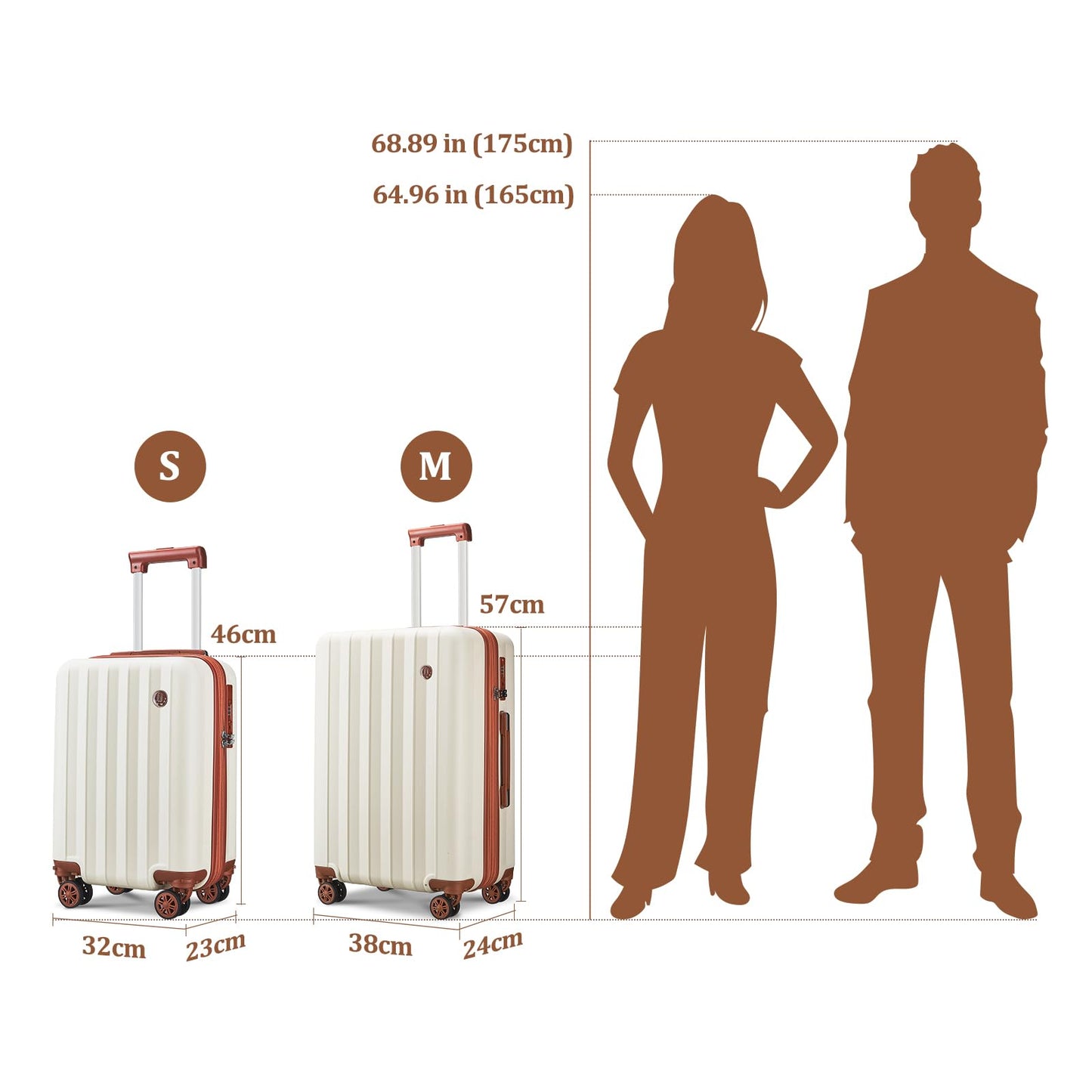 Joyway trolley suitcase, hard shell carry-on with drink holder, 4 wheels, TSA lock, white brown.