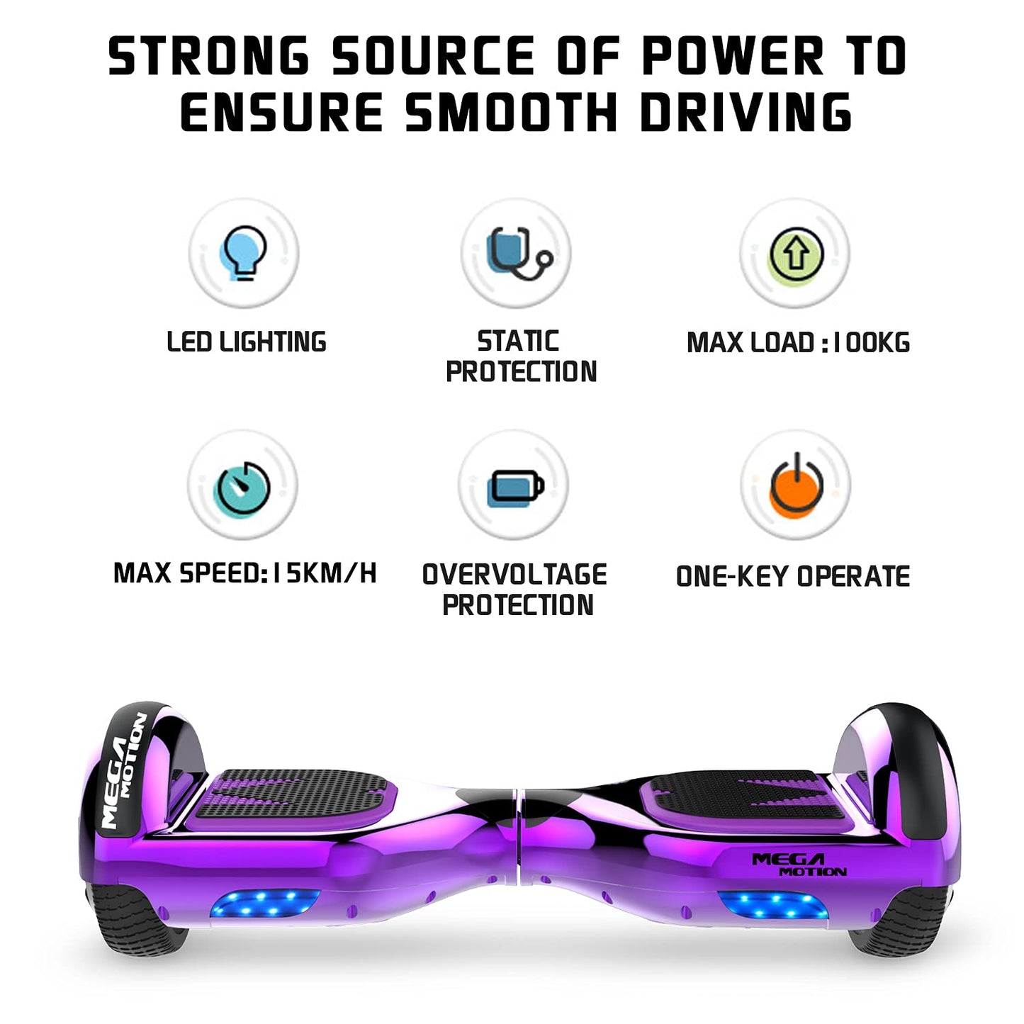 MEGA MOTION Hoverboard Kart, 6.5 inch Hoverboards with seat, equipped with Bluetooth speaker and LED lights, gift for adults and children.