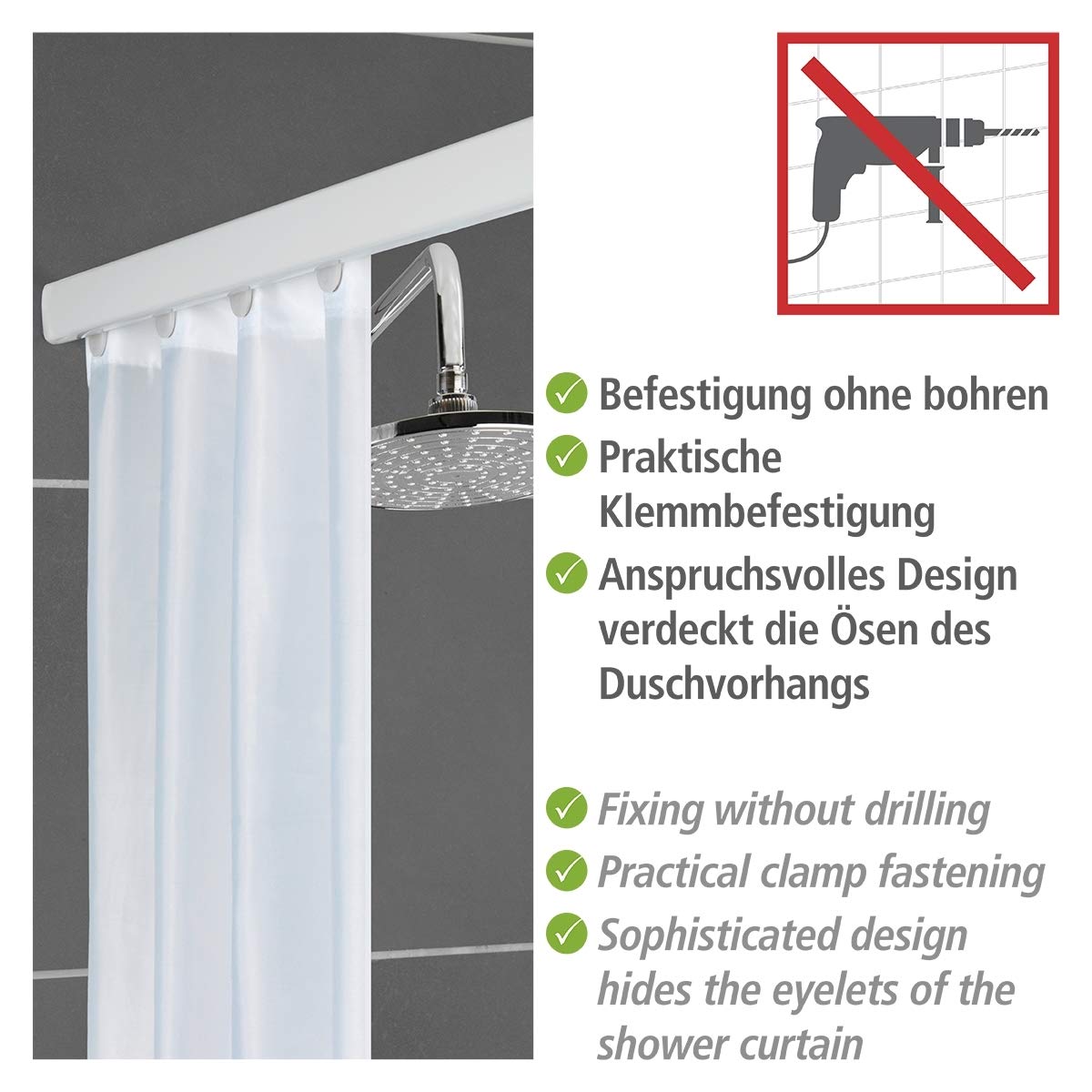 WENKO Telescopic Shower Curtain Rail Era White, extendable rail made of rust-free aluminum, for hanging all shower curtains, including attachment without drilling, 75-125 x 2 x 3.5 cm