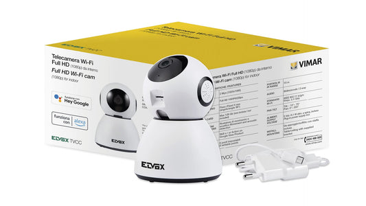 Vimar 46239.040A WiFi motor color camera compatible with Alexa, HD resolution 1080, motion sensor functions and sending notifications, "View Product" app for Android and iOS.