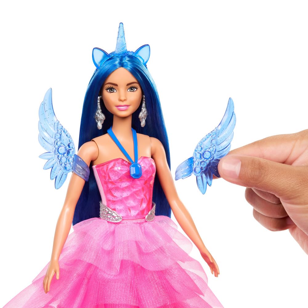 Barbie A hidden magic doll with unicorn, pink dress with sapphire blue details, unicorn headband, detachable sapphire wings, and unicorn tail, for children aged 3 and up, HRR16
