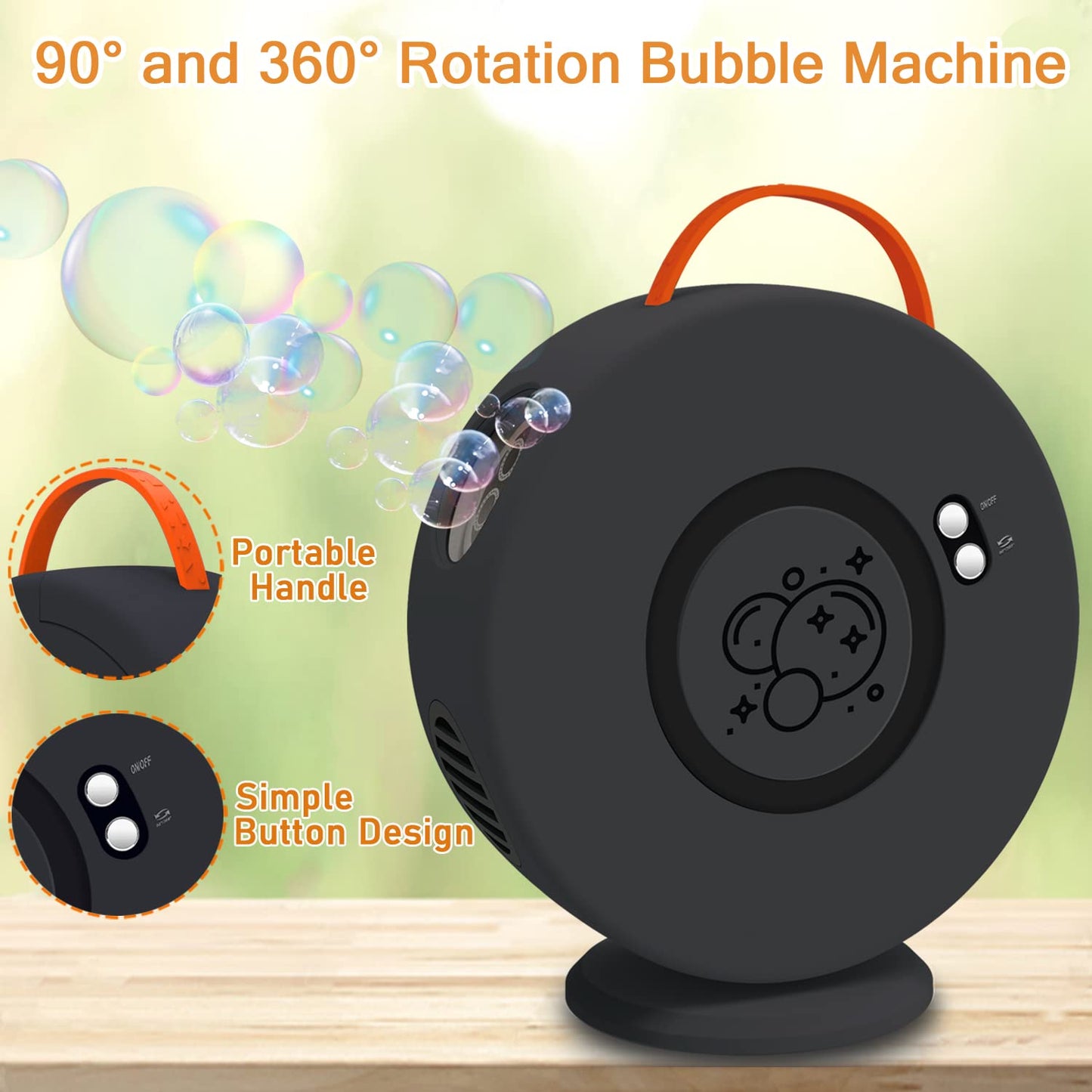 Soap bubble machine Automatic 90°/360° Rotatable, Portable Bubble Maker for Kids, Black Bubble Machine, Electric Bubble Toy for Outdoor/Wedding/Birthday Party