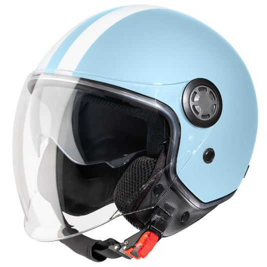 VINZ Parchi Jet Helmet with Double Visor | Scooter Helmet Fashion Helmet with Stripes | Available in sizes XS-XXL | Jet Helmet with Sun Visor | ECE 22.06 Certified | Motorcycle Helmet with Visor - Light Blue