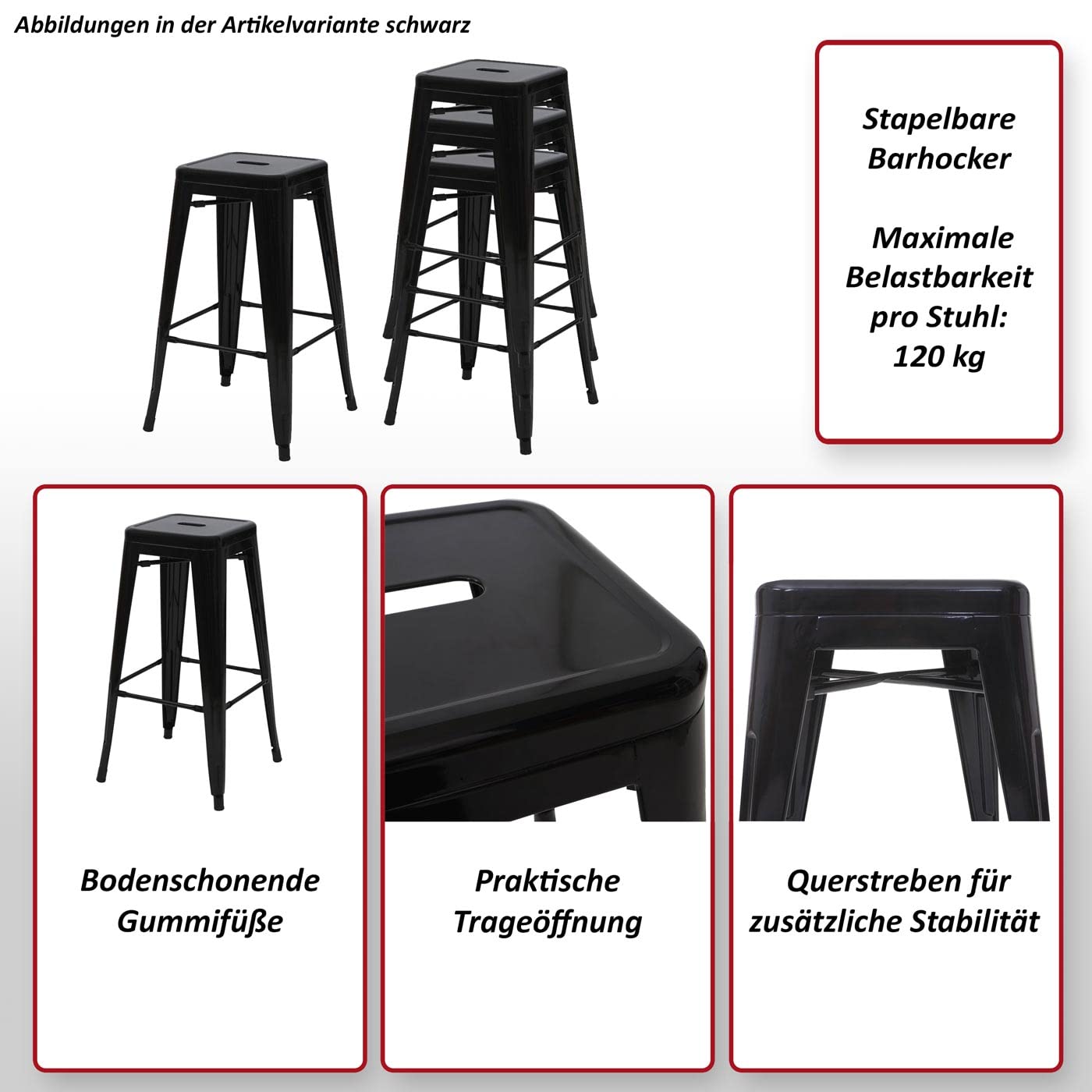 Mendler 4-piece set bar stools HWC-A73, bar chair counter stool, metal industrial design stackable - red.