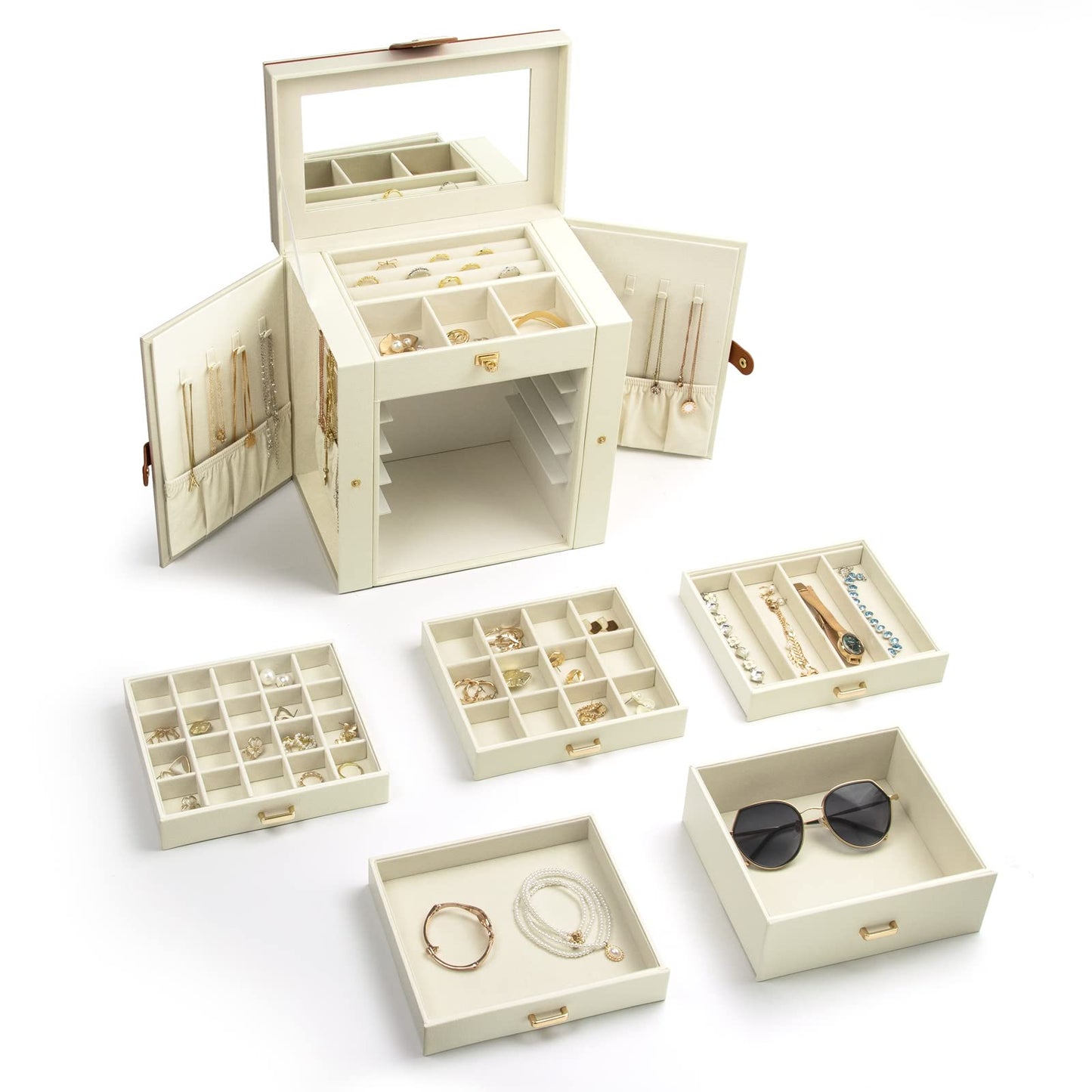 KAMIER 6-tier jewelry box made of fine natural wood with luxurious flannel and large mirror - Spacious jewelry case with side-opening doors for rings, earrings & bracelets, White