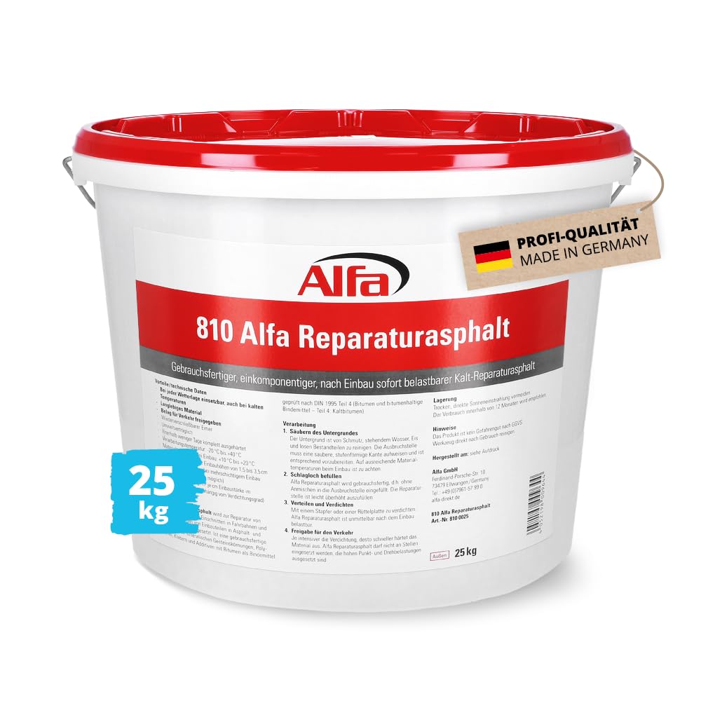 1x Alfa Repair Asphalt 25 kg professional quality cold asphalt with grain size 0 to 5 mm for patching potholes in a resealable bucket, repair asphalt