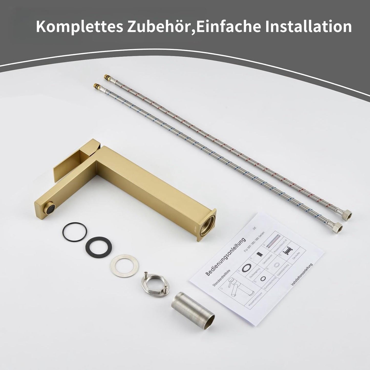 DETBOM Bathroom Faucet Gold, High Basin Faucet made of stainless steel, High spout height 250 mm, with low-noise ceramic valve core, Mixer Tap for Hot and Cold Water Adjustable