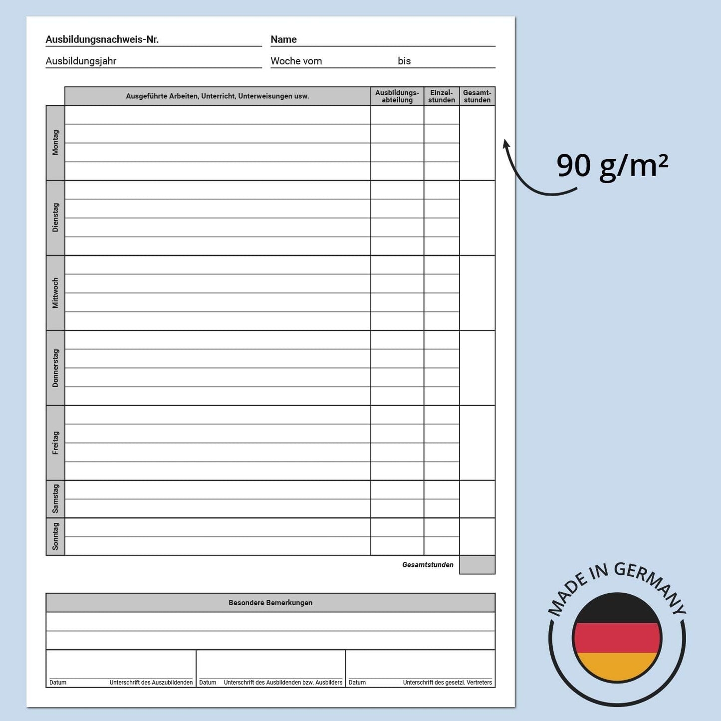 Internship/Training Report Book - DIN A4, 28 pages, daily/weekly entries, one week per page, from Monday to Sunday...