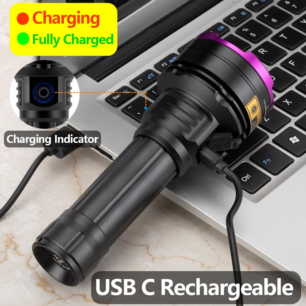 Alonefire SV83 20W 365nm UV flashlight USB rechargeable - Blacklight pet urine detector, resin/money detector, fishing, scorpion, amber, minerals - With UV protective glasses, battery included