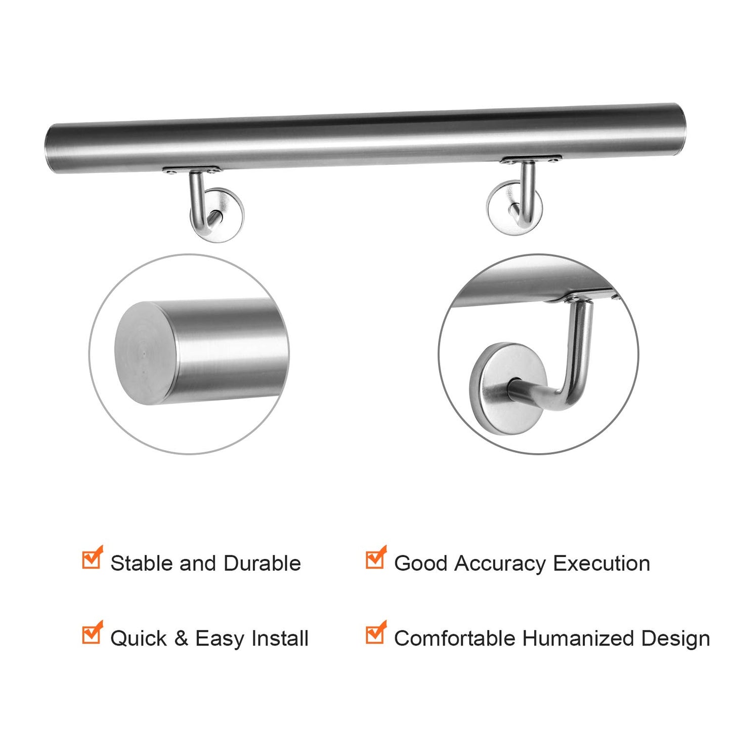 Jopassy stainless steel handrail stair railing, non-slip handrail 50 cm, railing wall handrail for outdoor & indoor with wall brackets, mounting material.