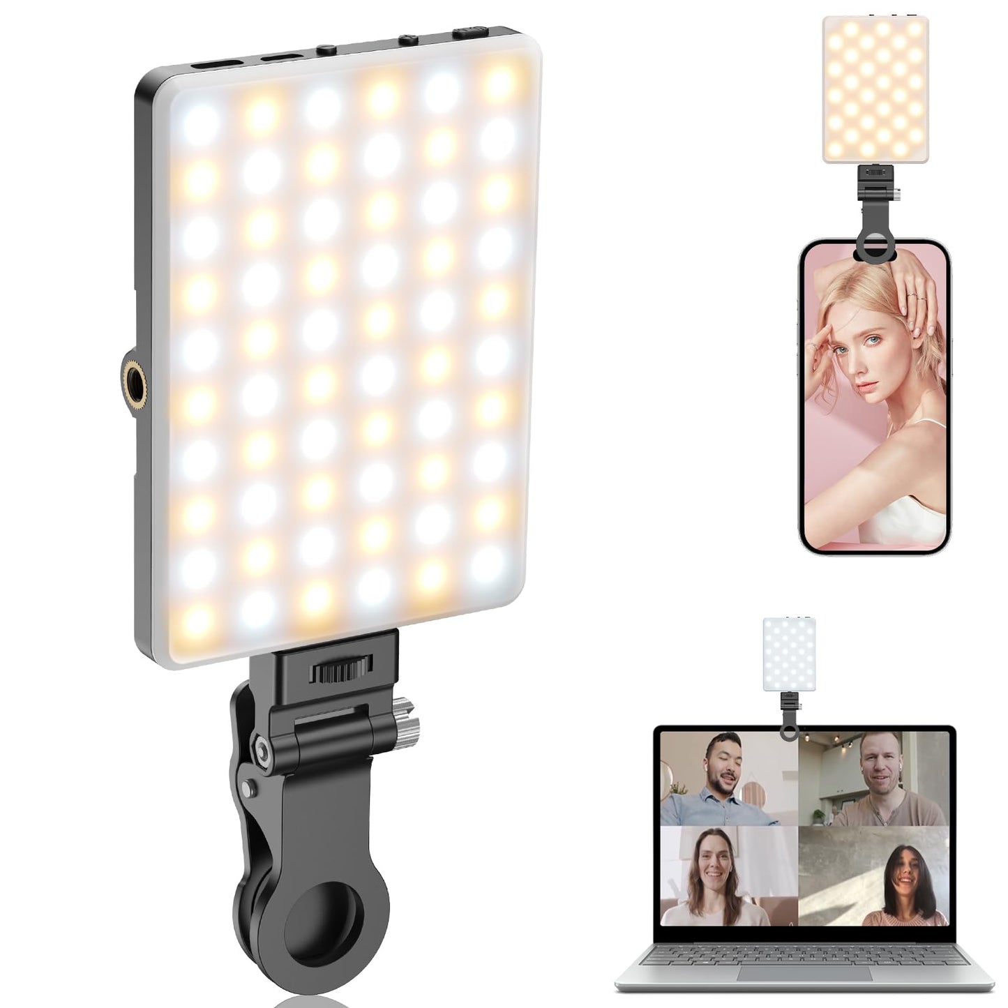 TONEOF Selfie Light, Monitor Lamp, USB Rechargeable Video Light with Clip & Two 1/4" Screw Holes, 2500K-9000K 3 Light Modes, Portable Photo Light for Phone/Laptop/Tablet-Black