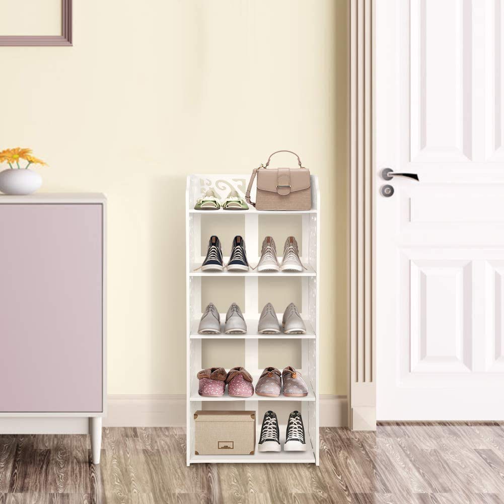 White shoe rack, 40 cm wide shoe rack, narrow and tall shelf, small standing shelf with 5 shelves, stackable bathroom shelf, kitchen storage shelves, decorative shelf, shoe cabinet for hallway, bathroom, kitchen, living room.