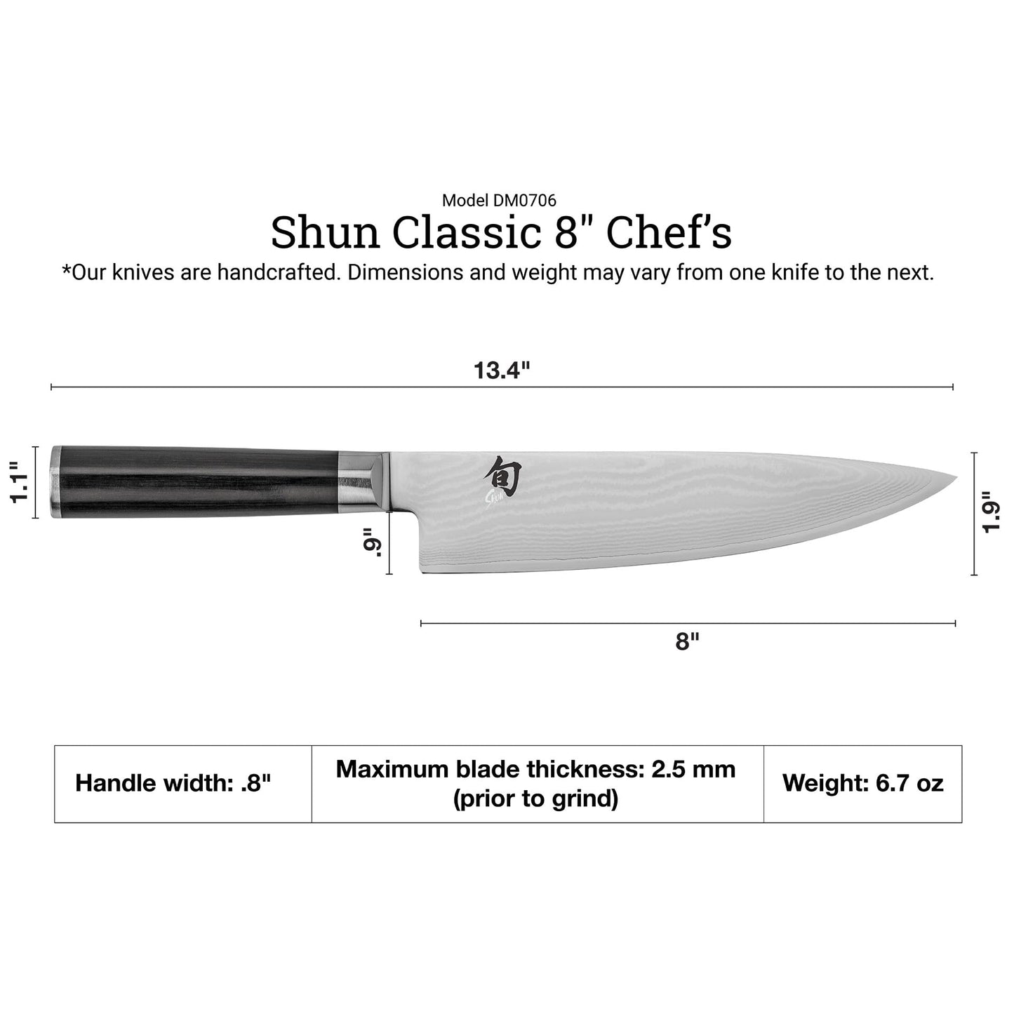KAI Shun Classic 8-inch Japanese chef's knife - Damascus blade with 32 layers, VG-MAX core, 61 (±1) HRC - Pakka wood handle - Made in Japan - Forge-finished kitchen knife, chef knife, utility knife.