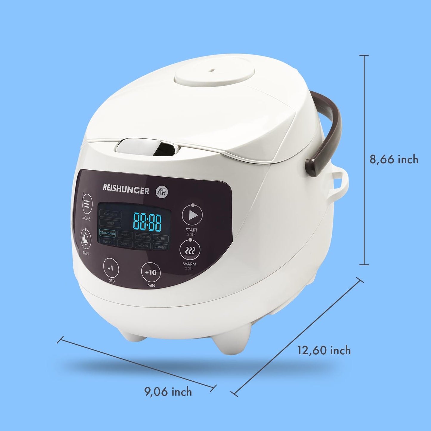 REISHUNGER Digital Rice Cooker Small, White | 0.6 L for 3 people | Keep Warm Function, Timer & Premium Pot | Small Multi-Cooker & Steamer, 8 Programs, 7-Phase Technology