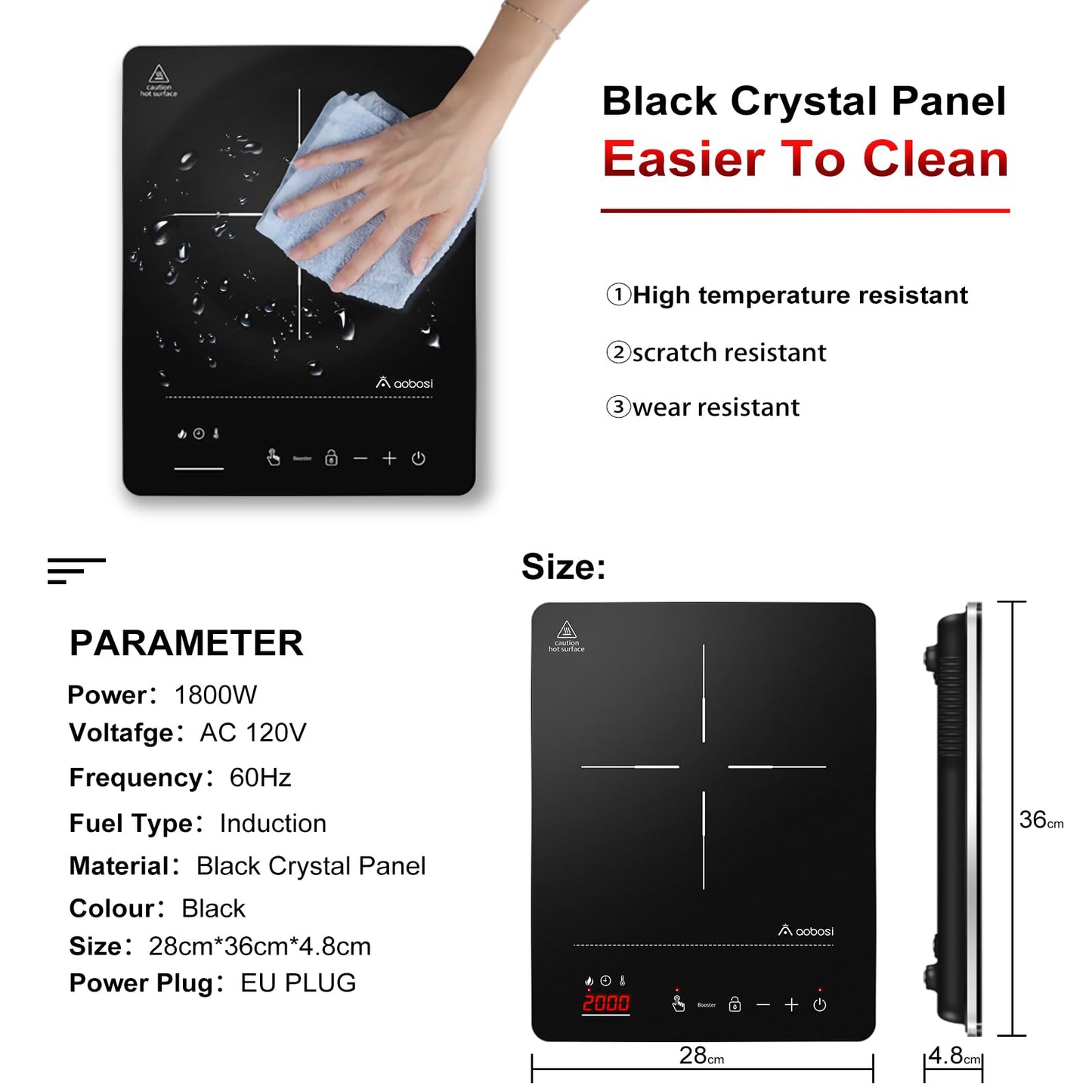 Aobosi Induction Cooktop, Induction Hob 1 Plate, 20 Power Levels and 20 Temperature Levels, 2000W Portable Induction Cooktop, LED Display, 10H Timer, Booster Function, Silver