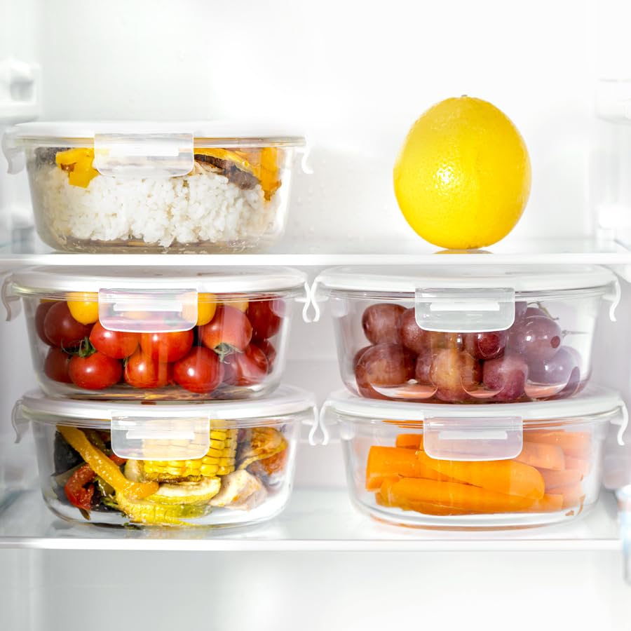 Igluu Meal Prep Round Glass Food Storage Containers with Lid (5-Pack + 1 Spare Lid) – microwave, oven, freezer, dishwasher safe, leak-proof – 840 ml – 1 Compartment - BPA-free Borosilicate Glass