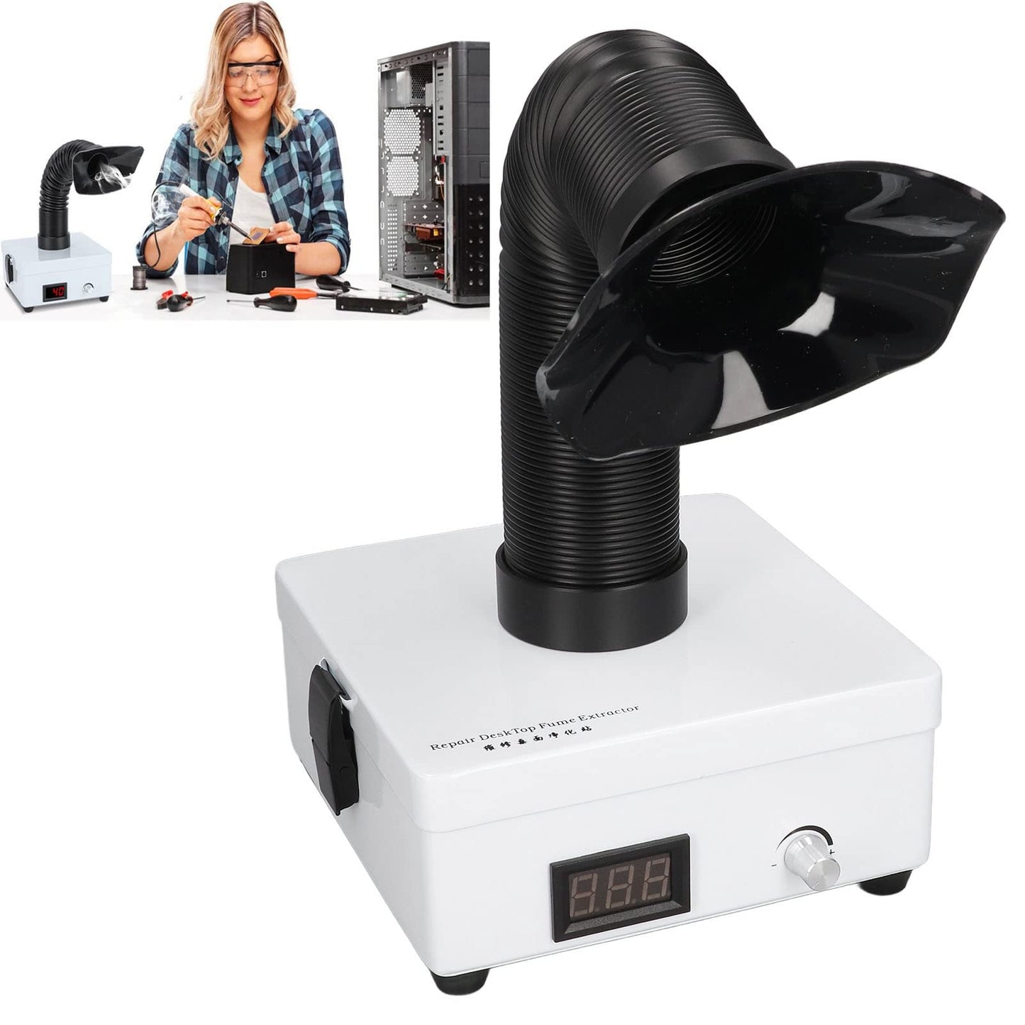Solder fume extractor for DIYers & phone repairs – Desktop smoke absorber with EU plug, professional model, waterless, noiseless, compact design, 100-240 V.