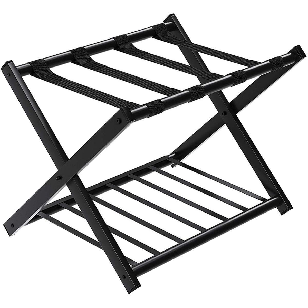 GYMAX Folding Luggage Rack, Double-Layer Luggage Stand with 4 sturdy straps & 2-tier design, luggage shelf supports up to 60 kg, luggage rack for guest room & hotel (1, Black)