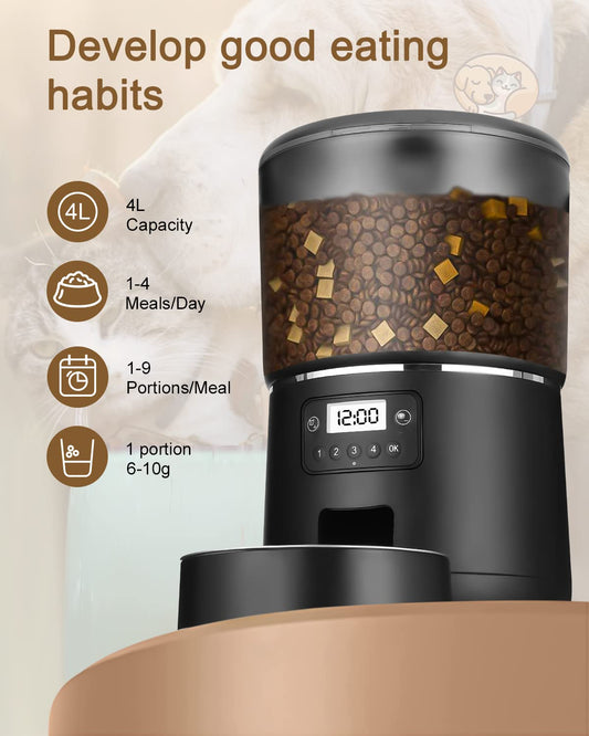 Automatic Pet Feeder 4L, feeder for cats, feeder for pets, feeder for dogs, up to 9 portions/4 meals per day, Anti-Clog & Dual Power Supply Cat Feeder with cat bowl and timer