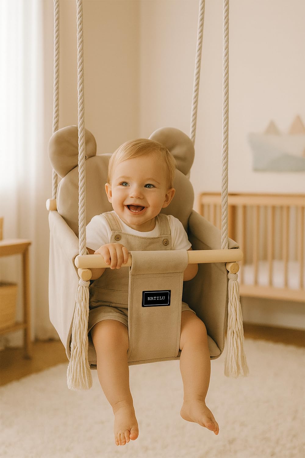 NATILU® Baby Swing Set Indoor Outdoor | Bear Light Beige Velvet | Baby Swing | Baby swing Indoor | Wooden Kids Swing | Wooden Swing for Children | Swings for door frames