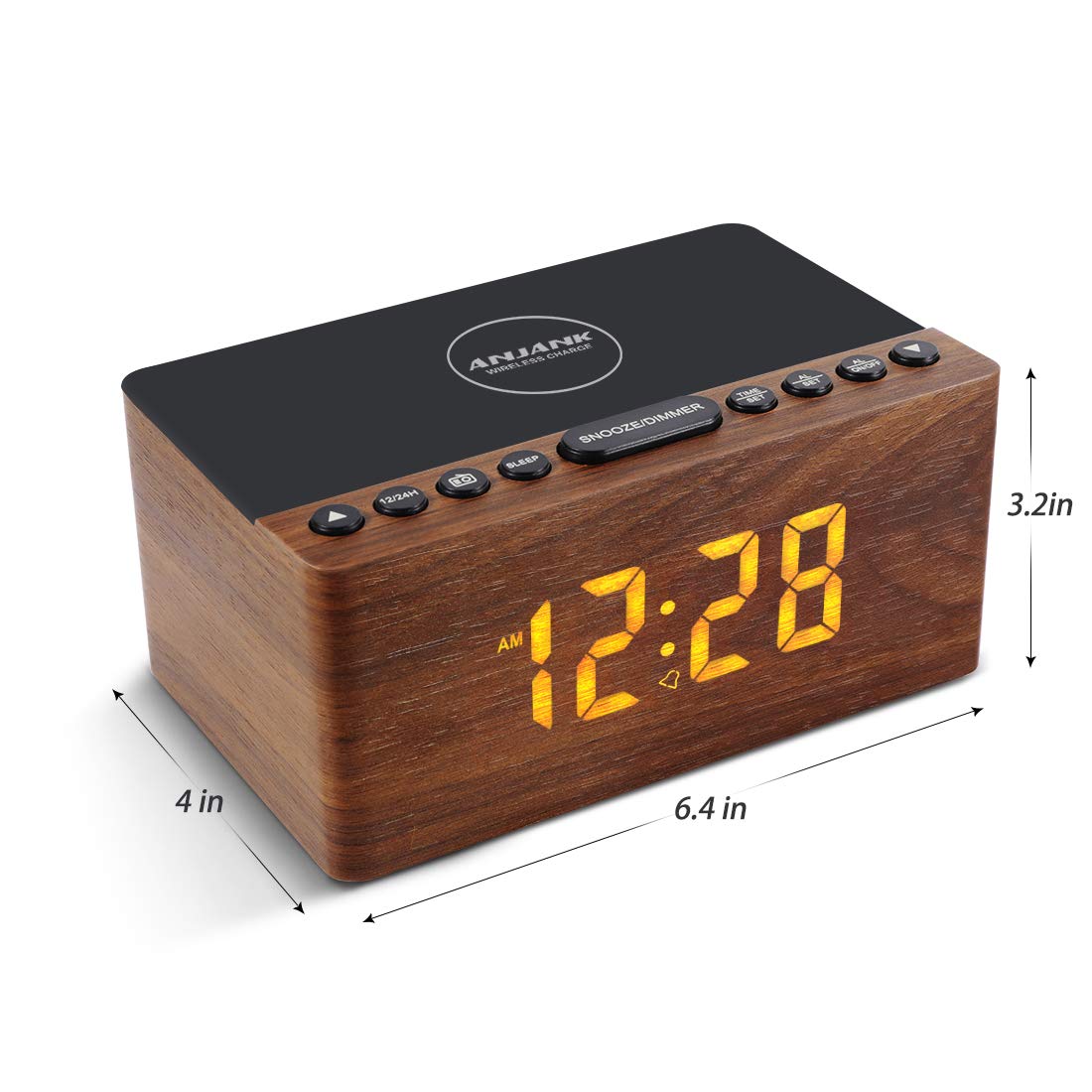 ANJANK Digital Wooden Alarm Clock with Wireless Charging Station, 10W Fast Charger for iPhone/Samsung Galaxy, LED Display with 5-Level Dimmer, USB Charging Port, Clock Radio, No Ticking
