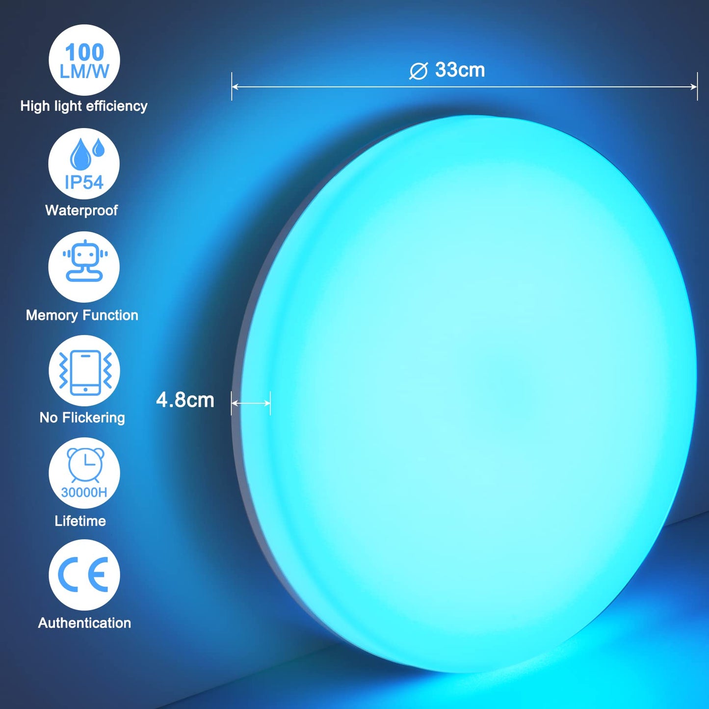 RGB LED ceiling light dimmable with remote control, 36W 3600LM ceiling lamp color change with 7 colors, IP54 waterproof bathroom light for living room, bedroom, children's room, bathroom hallway φ33*4.8cm