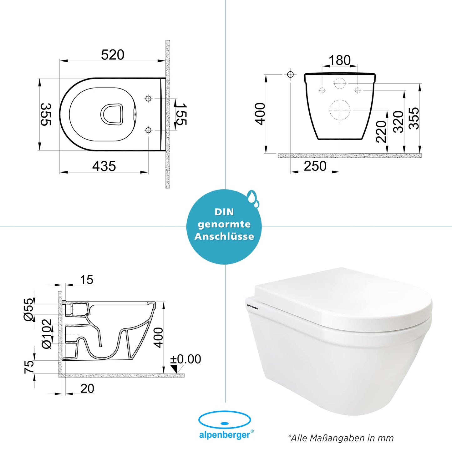 Alpenberger Shower WC | Toilet with intimate shower | Wall-mounted toilet with bidet function | Rimless wall-hung toilet with nano coating | Toilet seat with soft-close function | Compatible with Geberit