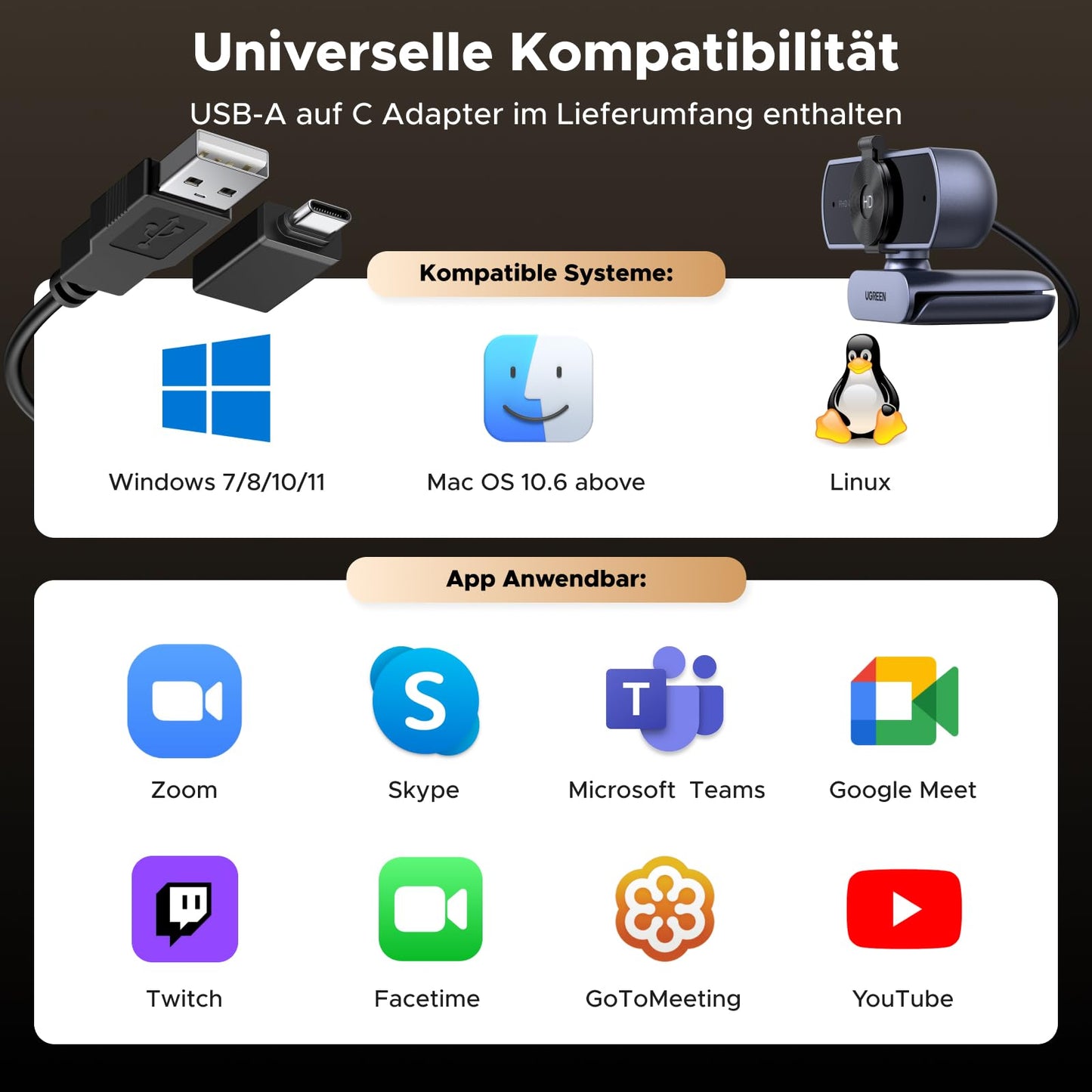UGREEN UHD Webcam 4K, webcam with microphone and lens cover, PC camera with autofocus, automatic light correction, 70° FOV, USB-A/C connection, for PC/Laptop/Windows/Mac/Linux/Skype/FaceTime.