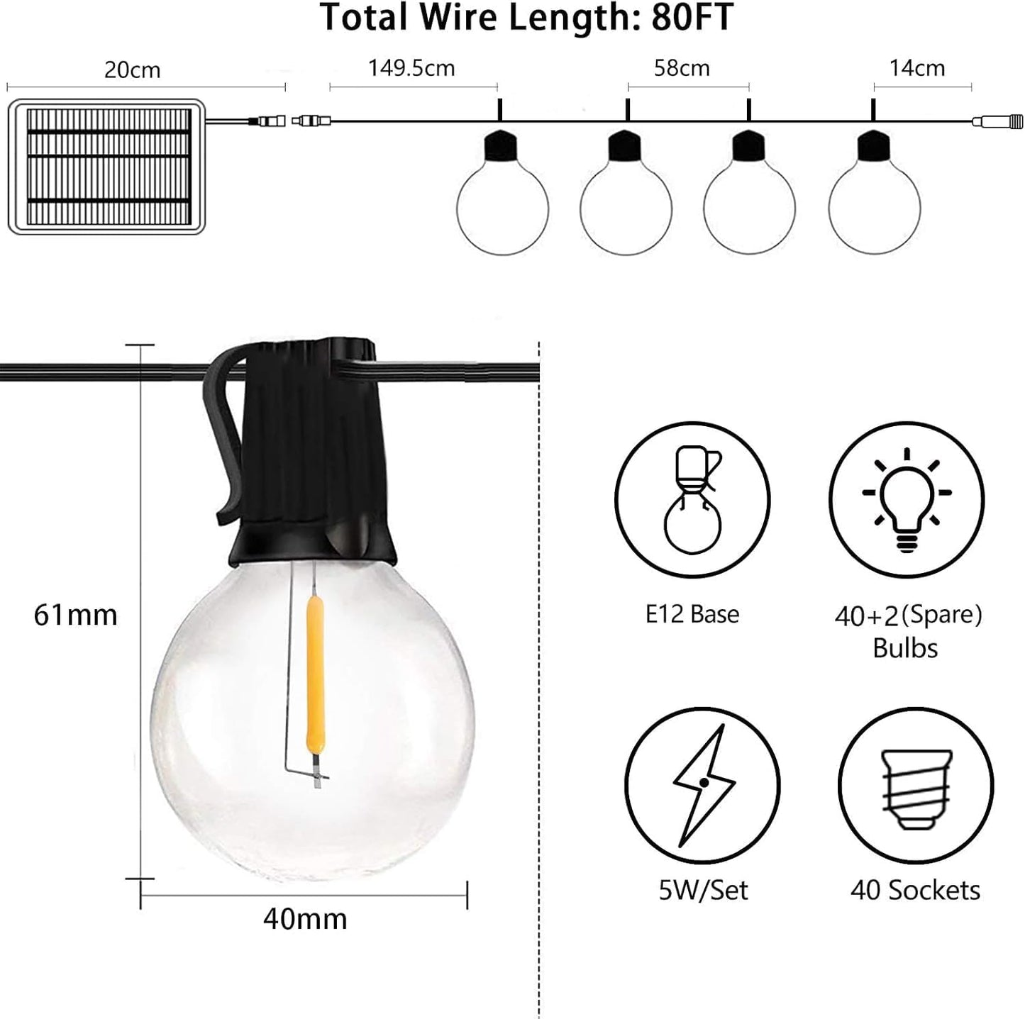 Bomcosy outdoor solar cell light string, 24m LED, outdoor, light chain, solar lamp, IP45, waterproof, bulb light string, garden, 4 modes for patio, party, outdoor.