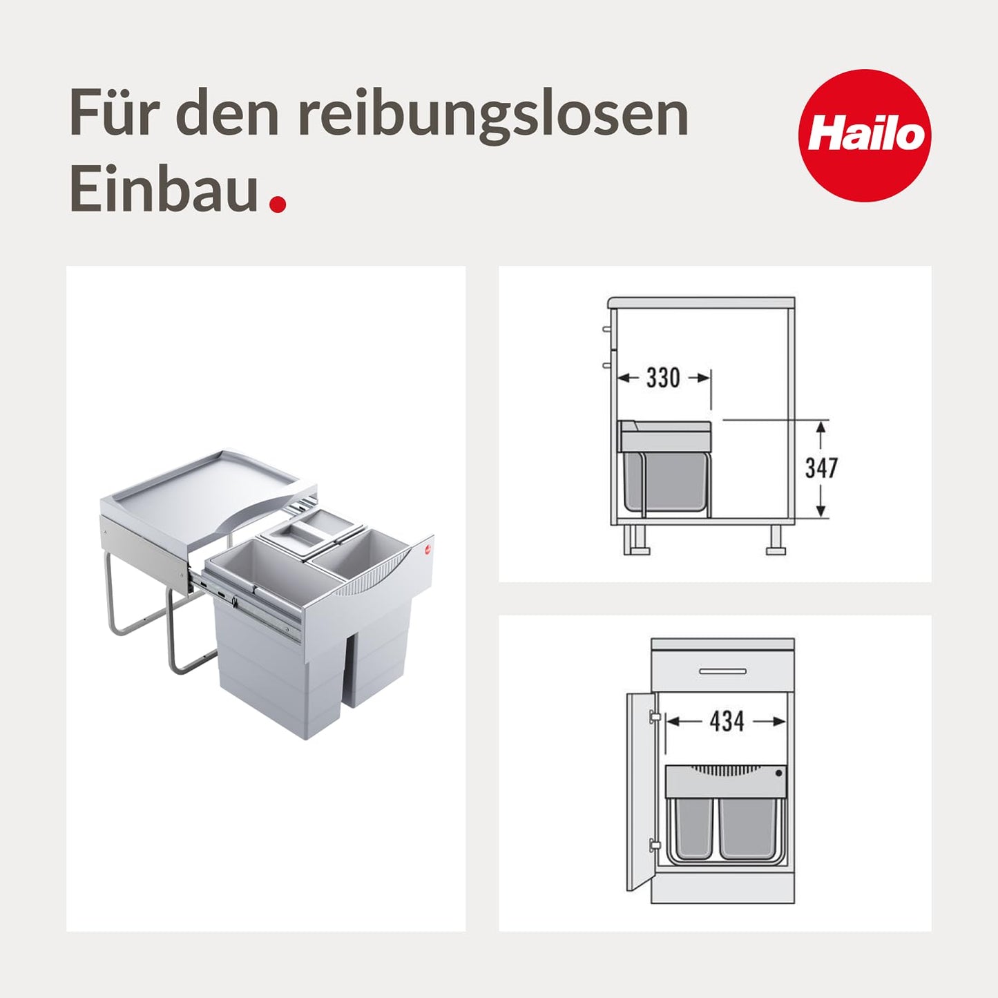 Hailo Space-saving Tandem 3644731 built-in waste separator with 3 compartments - kitchen trash can for installation in the base cabinet - 12 and 2x 8 L - waste bin with full extension for revolving door cabinets from 50 cm - Light grey