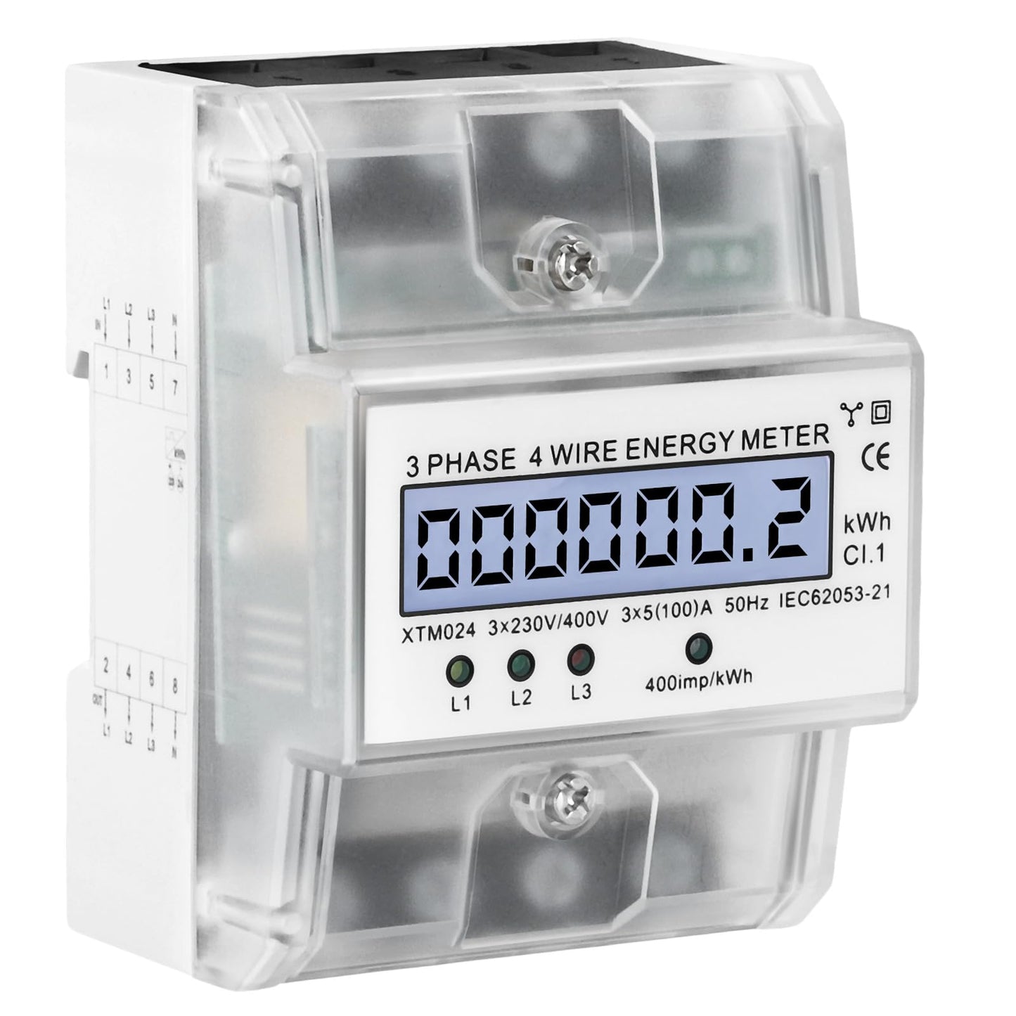 Judavry 3-phase power meter, DIN rail three-phase four-wire power meter digital 230/400V 5-100A electricity meter LCD energy meter for DIN rail sub-metering electricity.