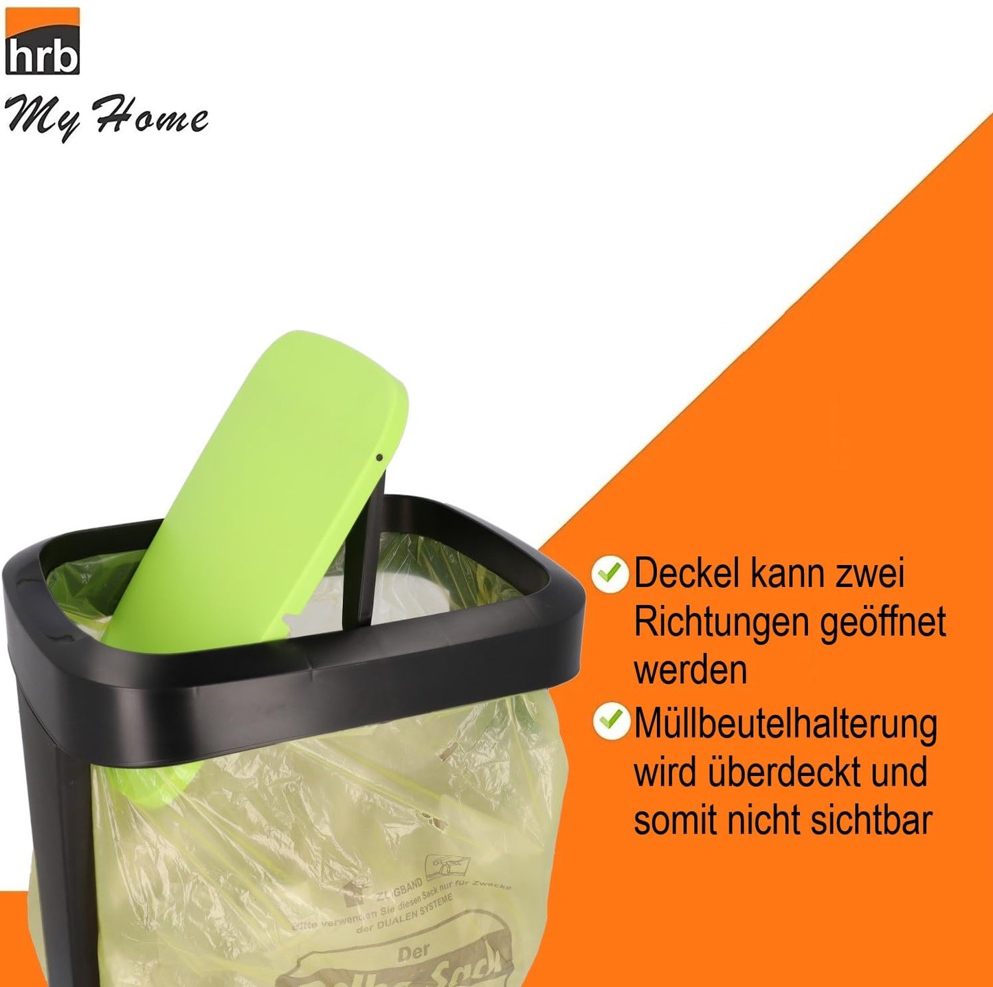 Yellow Bag Stand with swinging lid, sturdy kitchen trash can for 70-120L garbage bags, perfect for collecting deposit bottles, high-quality trash bag stand for household and commercial use.
