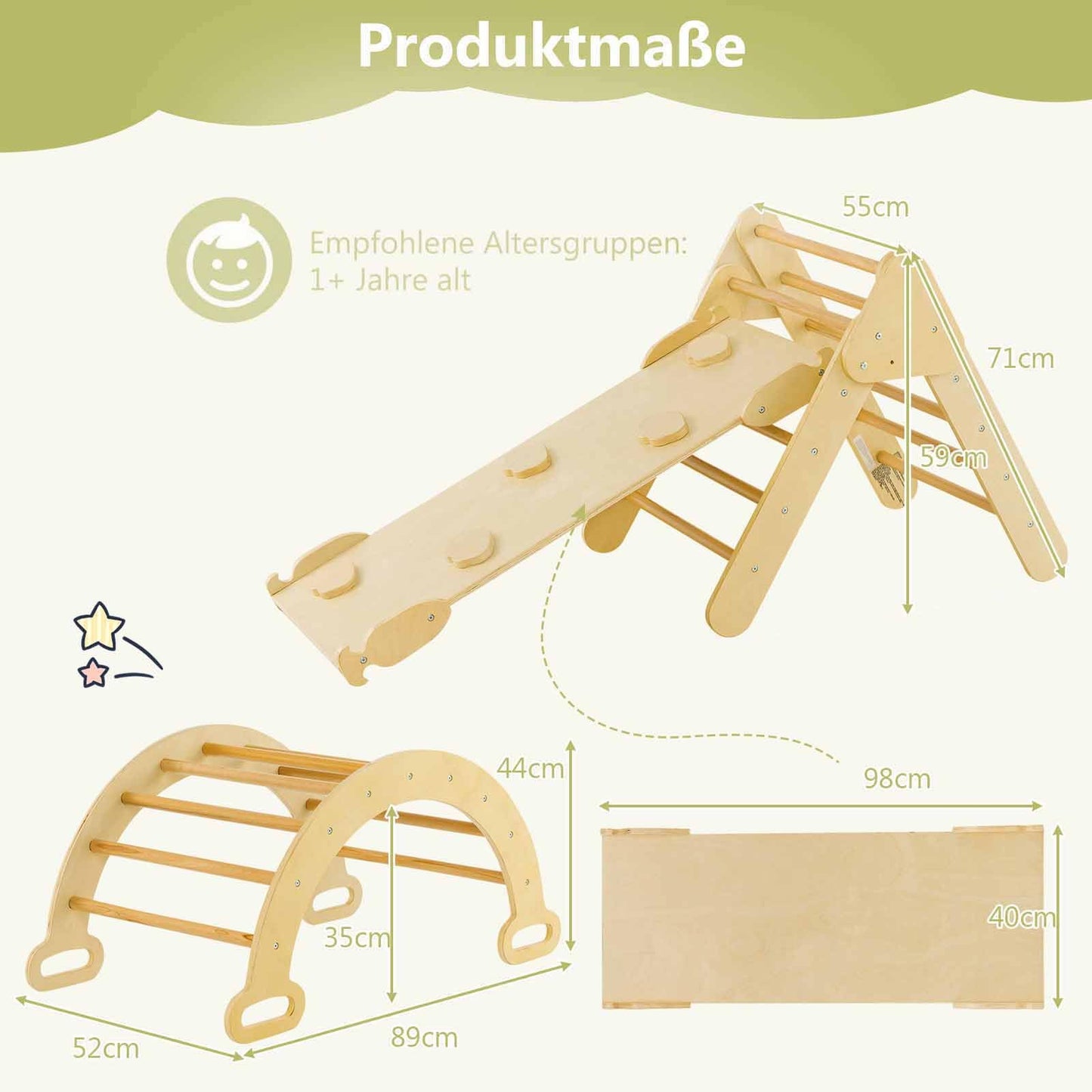 COSTWAY Climbing Triangle with Slide, Climbing Arch, including double-sided ramp, for climbing, sliding, and rocking, 4 in 1 climbing frame Indoor from 1 year (wood color)