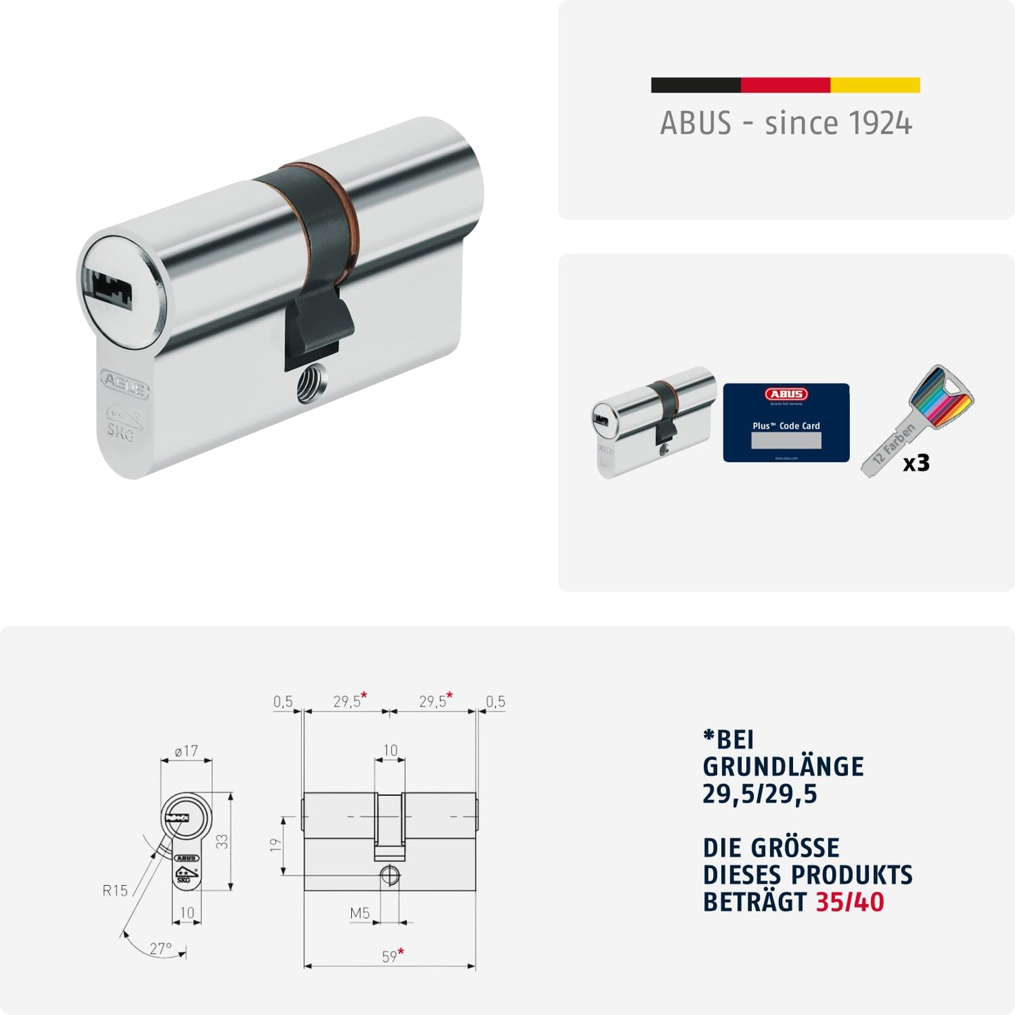 ABUS profile cylinder XP20SN 35/40 including security card & 3 keys, 73728 Nickel.