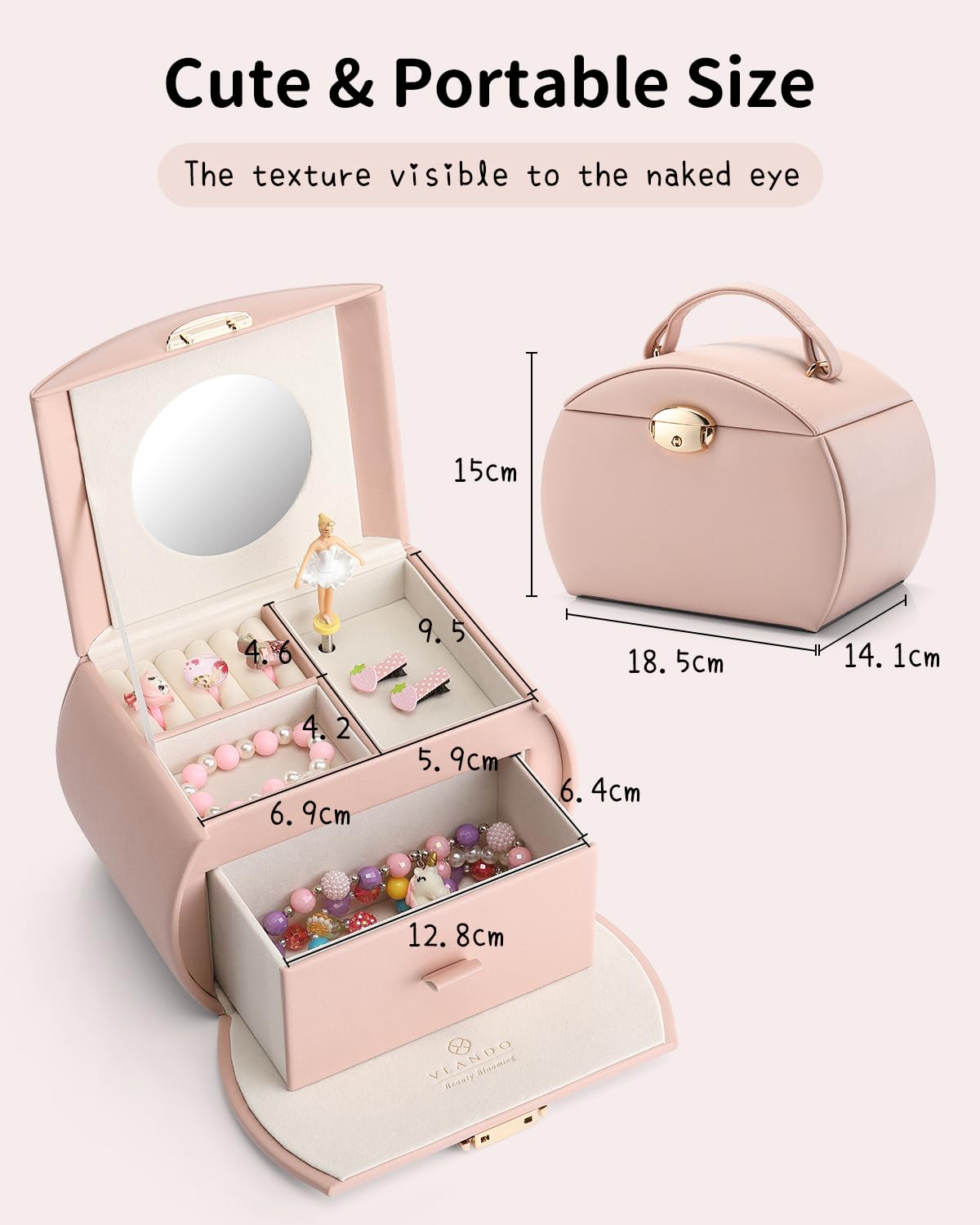 Vlando Ballerina Music Jewelry Box, Lockable Jewelry Case for Girls PU Leather with Drawers, Children's Jewelry Box, Jewelry Box with Canon Melody, Girls Gifts 6 7 8 Years