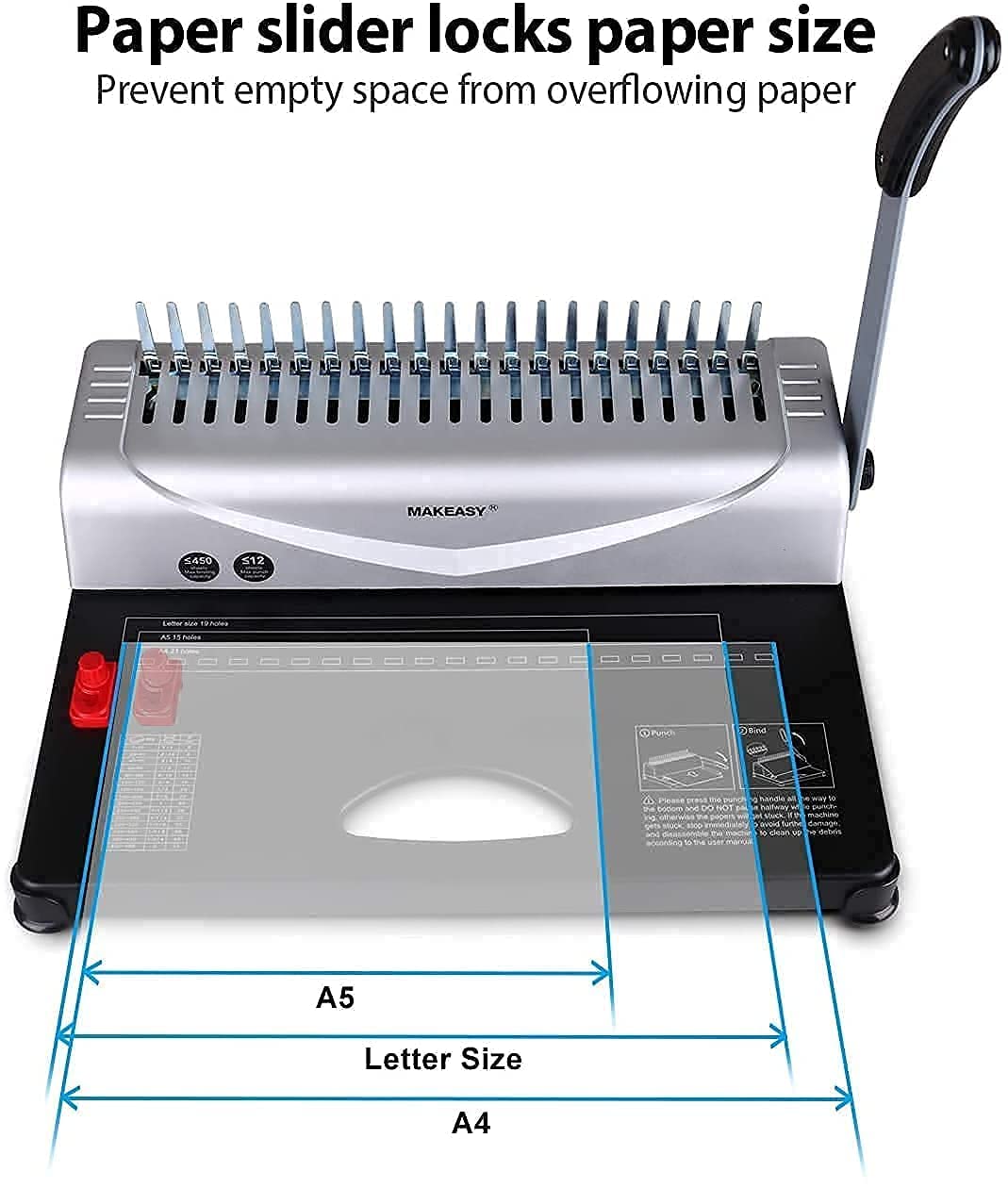 MAKEASY Binding Machine, 21 holes, binds 450 sheets, 12 sheet punching capacity, with starter kit of 100 pieces PVC binding spines, perfect for daily office documents.