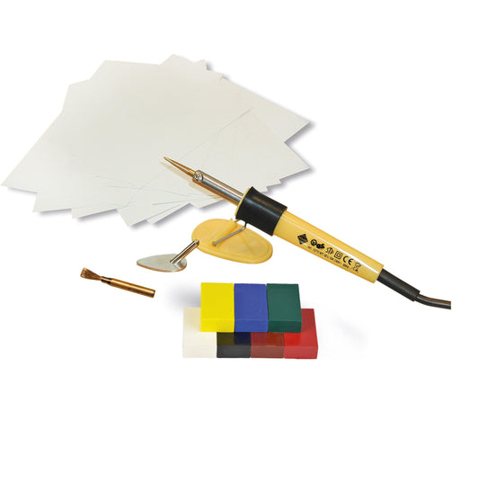 Pebaro 0279 Gift Set Encaustic incl. iron, mini iron, writing tip, brass brush, 7 wax blocks, 5 white cards in DIN A5 and DIN A6 for painting, drawing, writing with wax colors, 23 x 19 cm.
