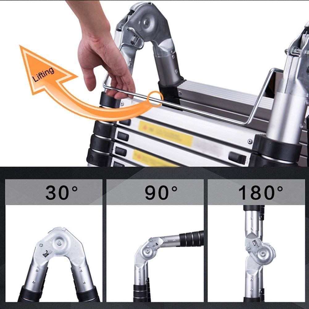 Meditool 5M Aluminum Telescoping Ladder Folding Extendable Multipurpose Ladder Leaning Ladder made of high-quality aluminum telescopic design 150 kg capacity, 8X8 rungs, Silver/Black