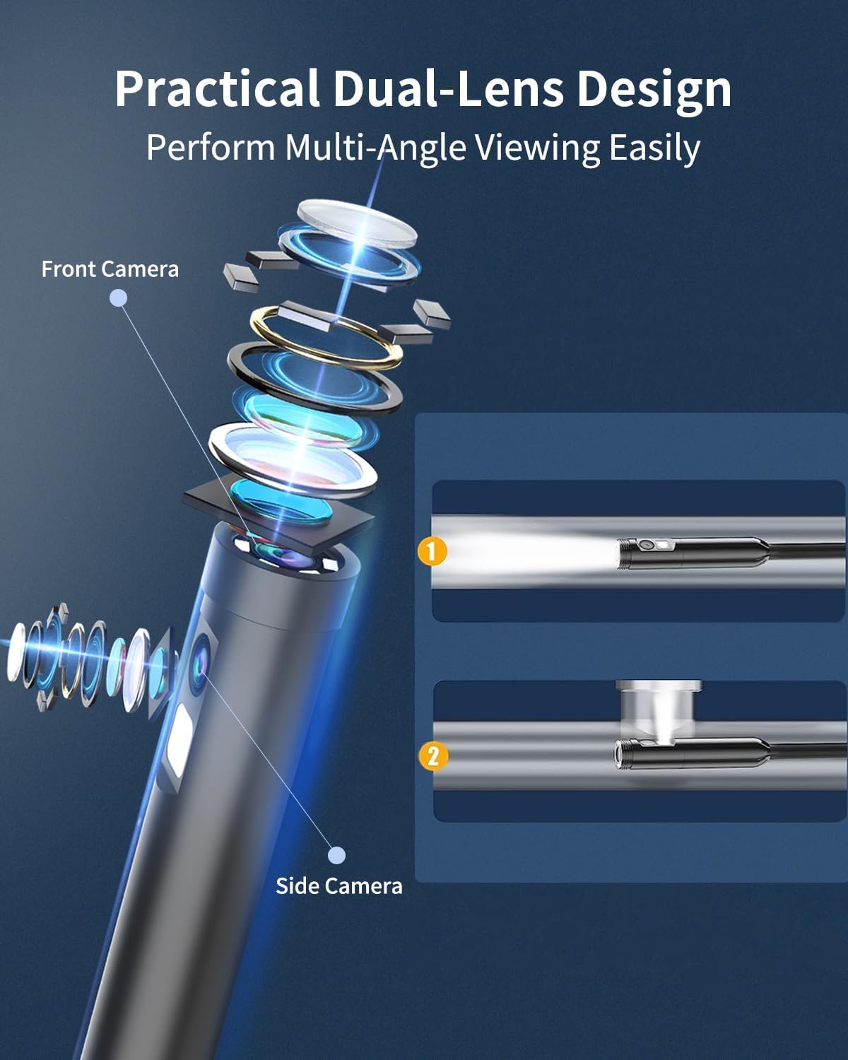 Dual Lens endoscope camera, 1080P HD endoscope camera with light, mobile waterproof IP67 no WiFi required inspection camera with 8+1 LEDs light for Android & iOS, tablet (16.4 ft/5m)