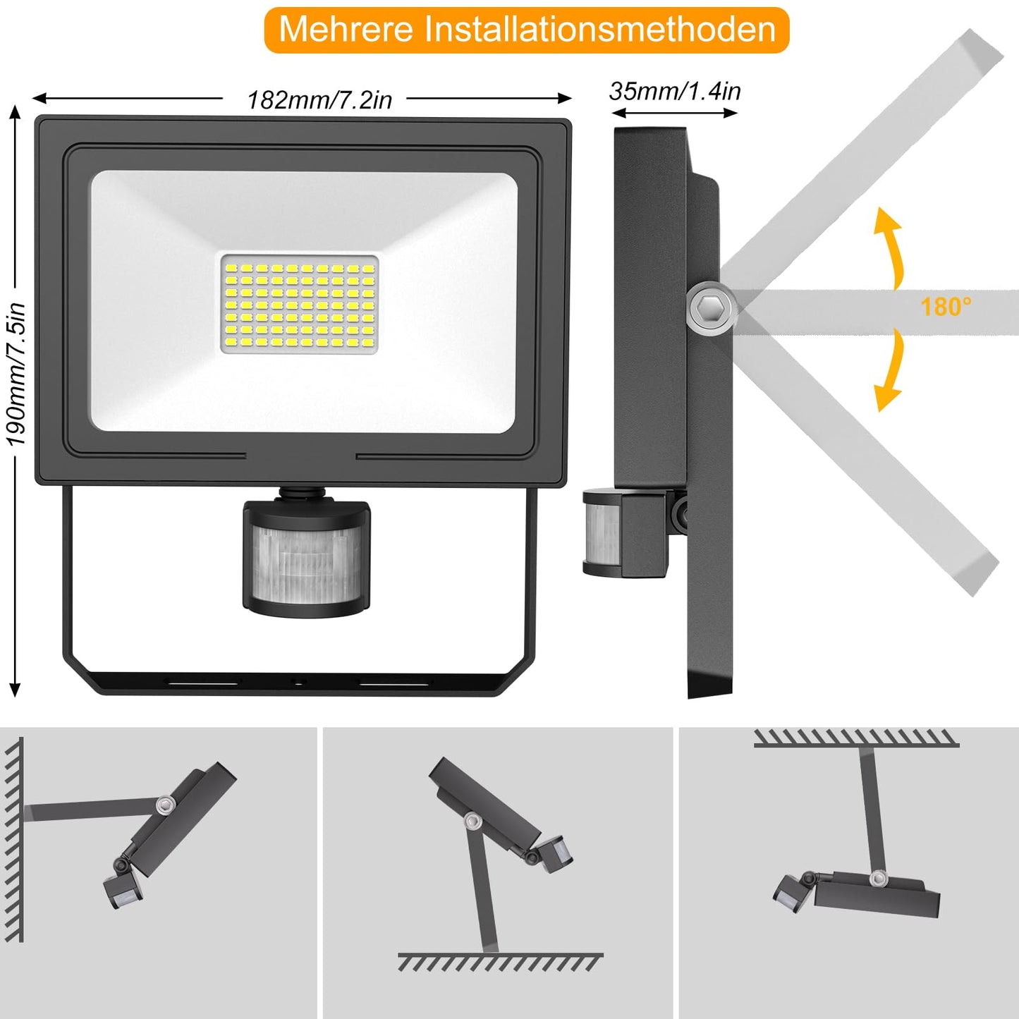 MEIKEE 60W LED floodlight with motion sensor, remote control, 5200LM super bright 6500K daylight white LED spotlight. IP66 waterproof with adjustable brightness and timing function. Perfect for garden, garage, yard.