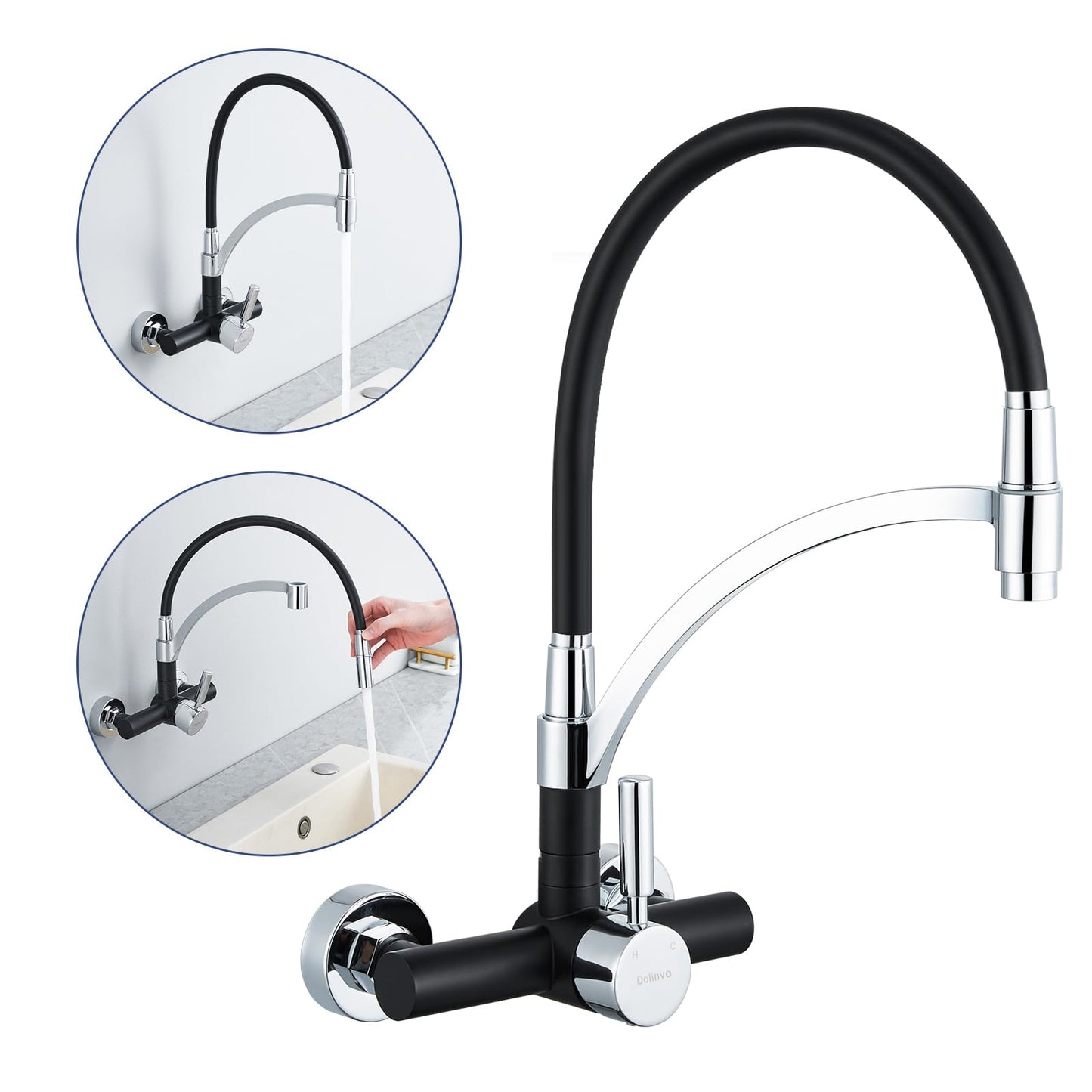 Kitchen faucet Wall-mounted sink faucet Black, Dolinvo Kitchen faucet Wall-mounted with 360° swivel, Single lever sink mixer tap wall-mounted faucet, Scald protection silicone cover.