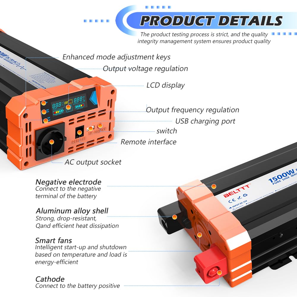 Inverter Voltage Converter 12V to 230V Pure Sine Wave Inverter 1500W with EU sockets, USB output, and LCD display Peak power 3000W for car truck camping emergency household appliances