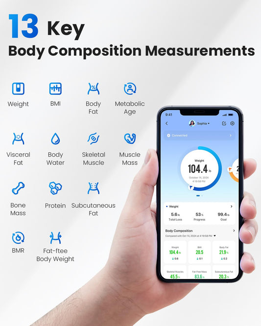 RENPHO digital bathroom scale with app for 180 kg, scale for body fat and muscle mass with 13 measurements, Bluetooth body fat scale for babies and pregnant women, black