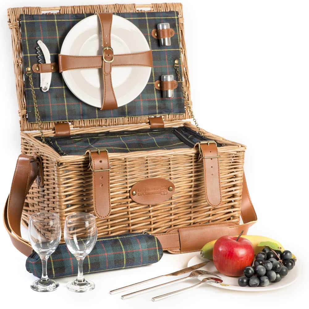 Les Jardins de la Comtesse - Picnic Basket Trianon Green - Leather Straps - Complete for 2 People - Cooler Compartment - Ceramic Plates and Wine Glasses - 40 x 30 x 23 cm
