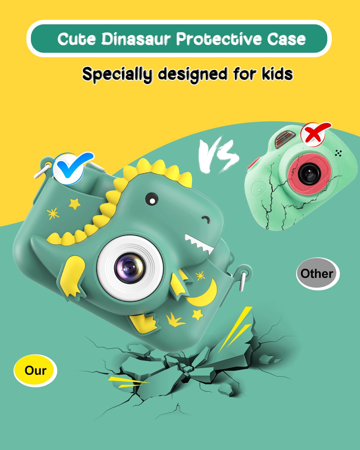 GREENKINDER Children's Camera, 2.0" Screen Kids Camera with 32GB Card, 20MP & 1080P HD Selfie Digital Camera for Children, Dinosaur Gifts for 3-12 Year Old Boys and Girls