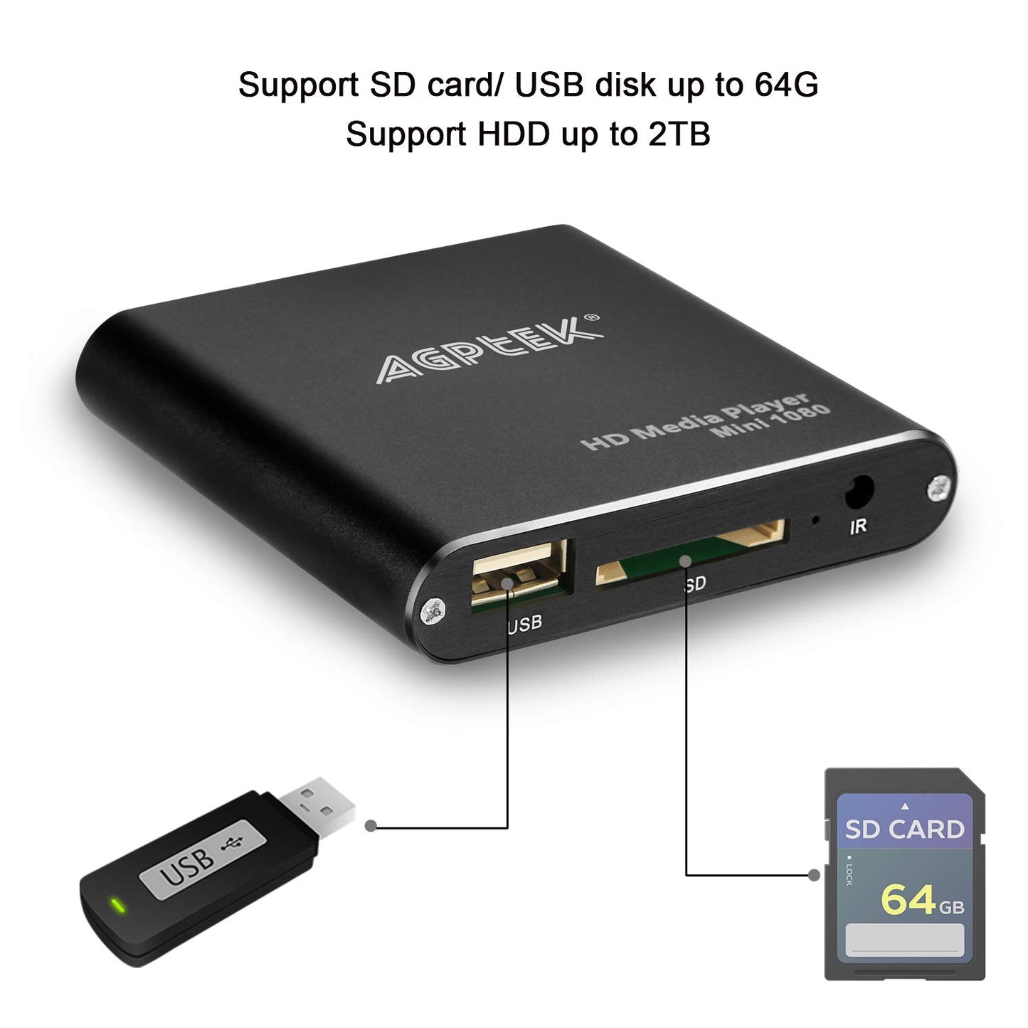AGPTEK Mini 1080P Full HD Digital Media Player with remote control for MP3, WMA, OGG, AAC, FLAC, APE, AC3, DTS, ATRA - Supports HDMI CVBS & YPbPr video output (Black).