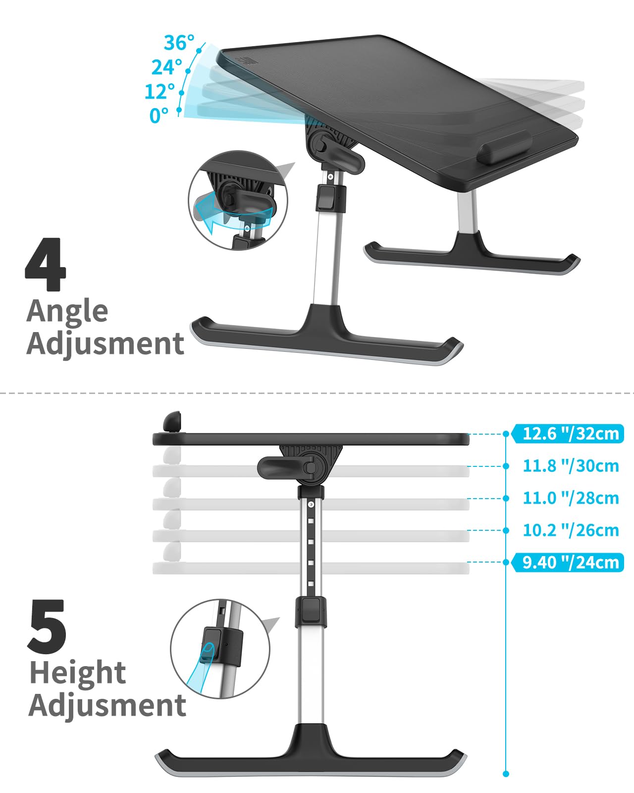 "SAIJI Laptop Table for Bed, Adjustable Height, Angle, Folding Legs, Sled Feet, PVC Leather Tabletop, Compatible with Laptops up to 17 Inches (Black, 52*30cm)"
