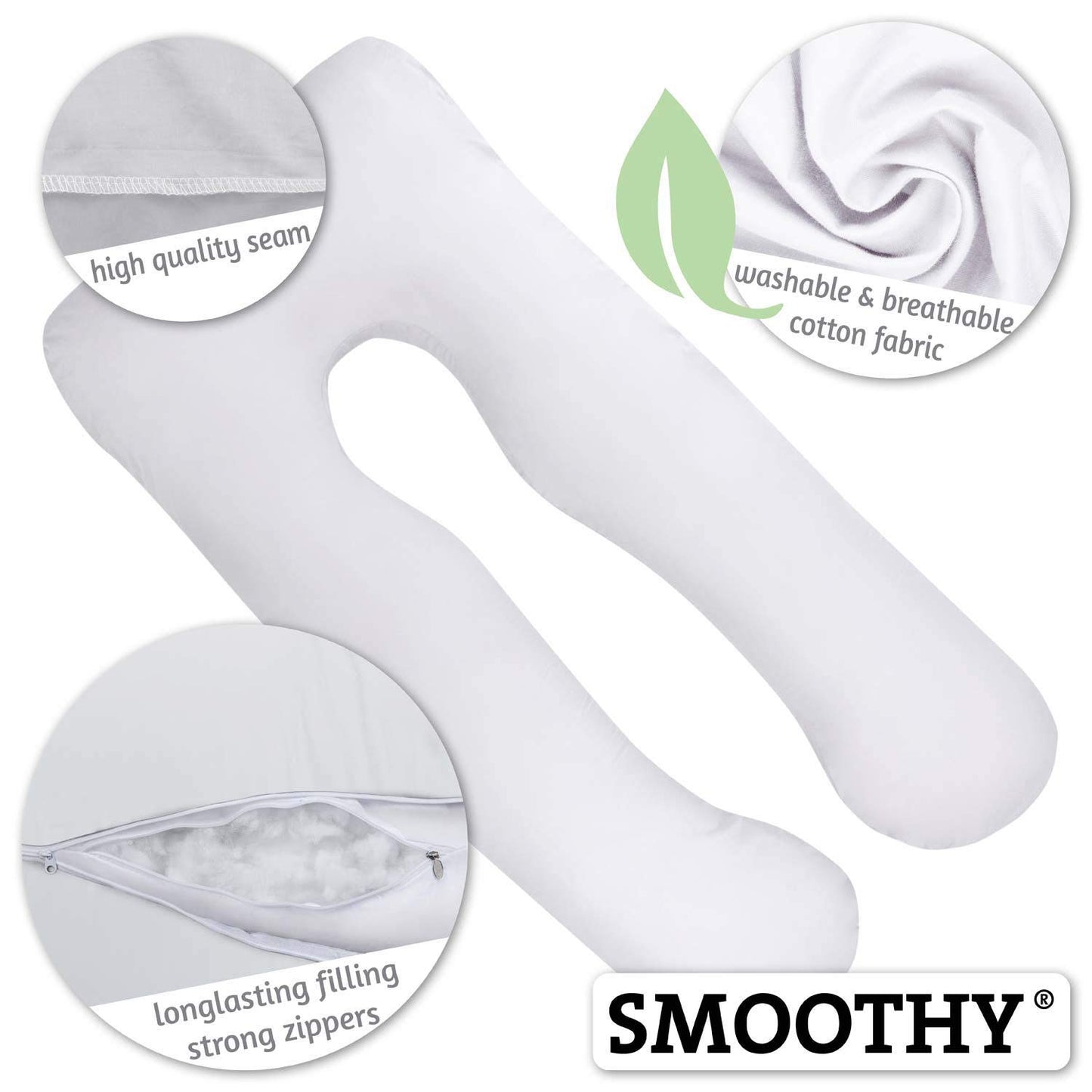SMOOTHY Pregnancy Pillow, Side Sleeper Pillow, Support Pillow, Baby Pillow & Nursing Pillow in U-shape with removable & washable cover made of 100% cotton (Junior XL, 120 x 70 cm, White)